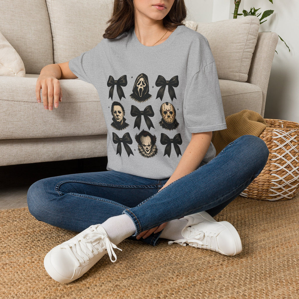 Horror Icons & Bows Graphic T-Shirt — Scream, Michael Myers & Jason Novelty Tee