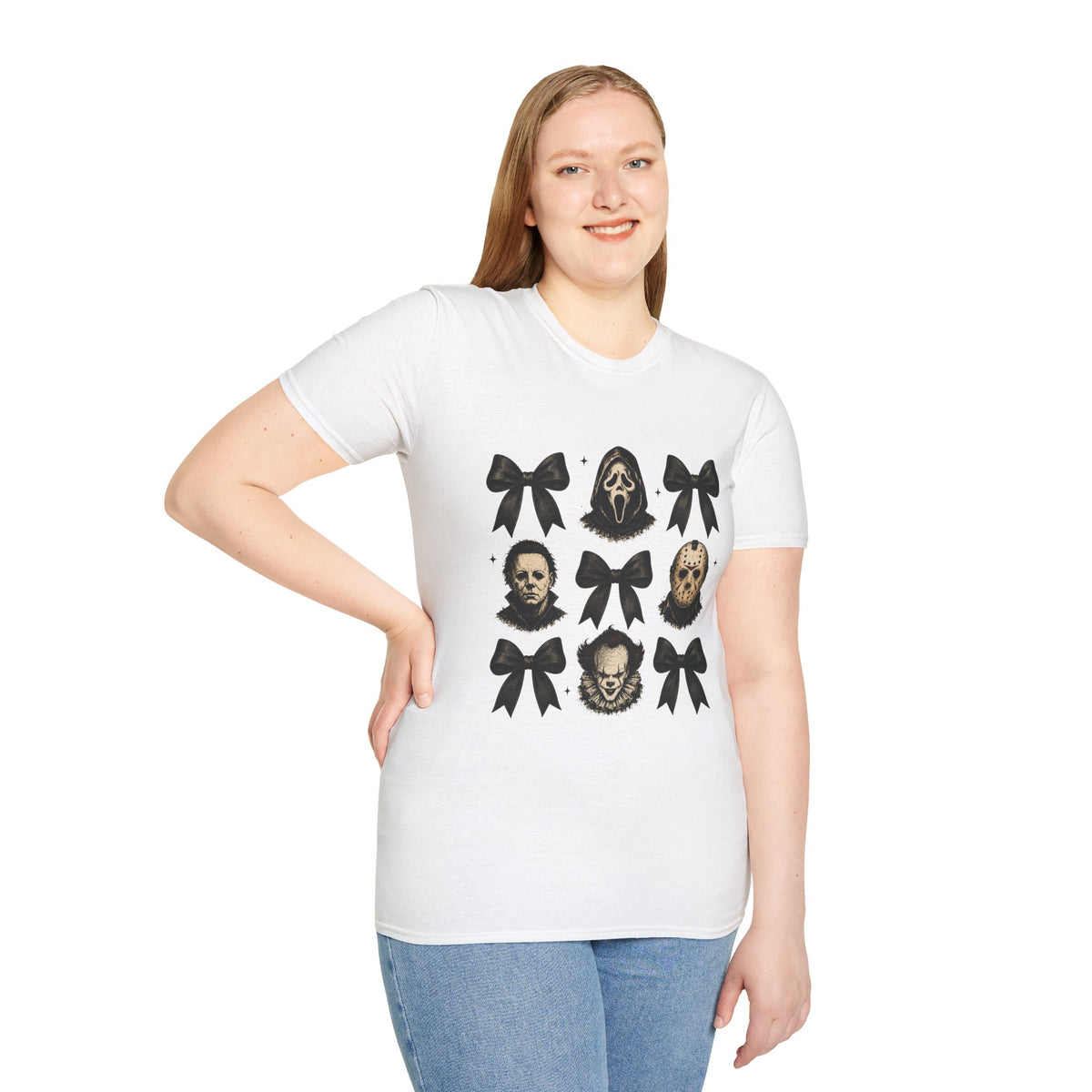 Horror Icons & Bows Graphic T-Shirt — Scream, Michael Myers & Jason Novelty Tee