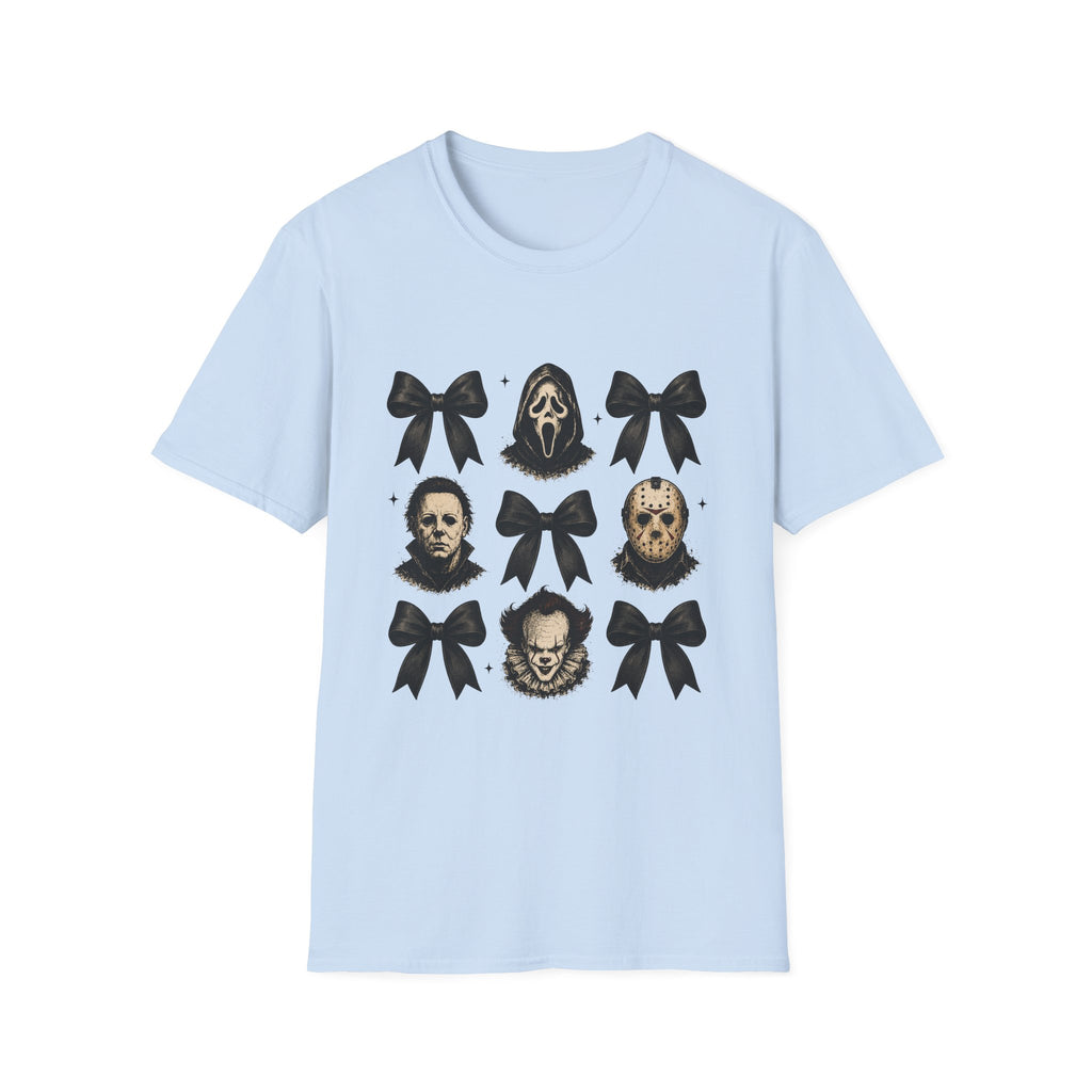 Horror Icons & Bows Graphic T-Shirt — Scream, Michael Myers & Jason Novelty Tee