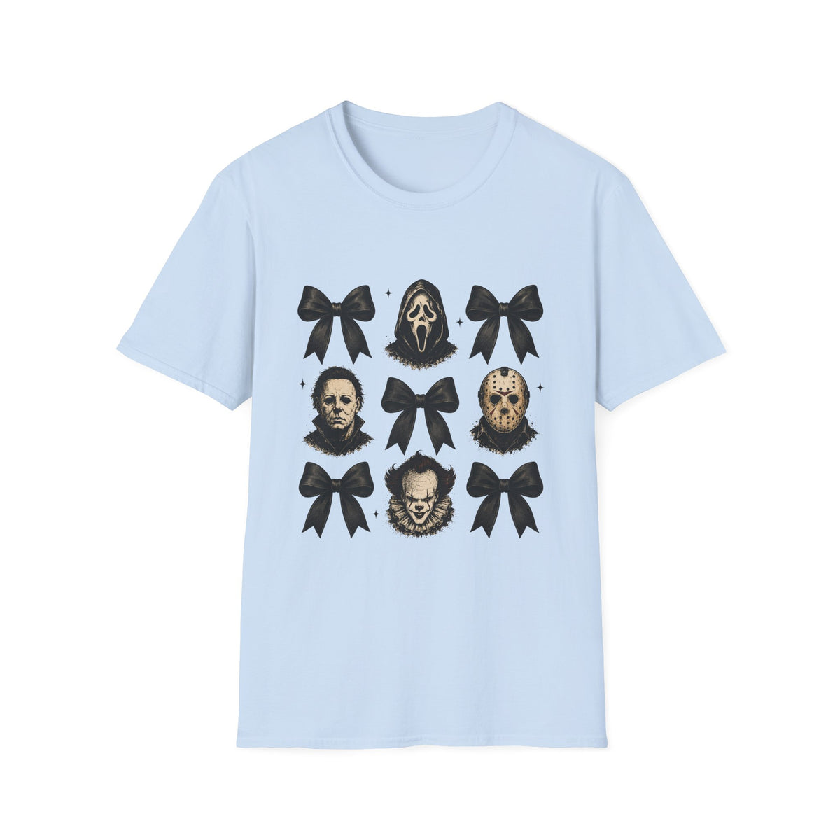 Horror Icons & Bows Graphic T-Shirt — Scream, Michael Myers & Jason Novelty Tee