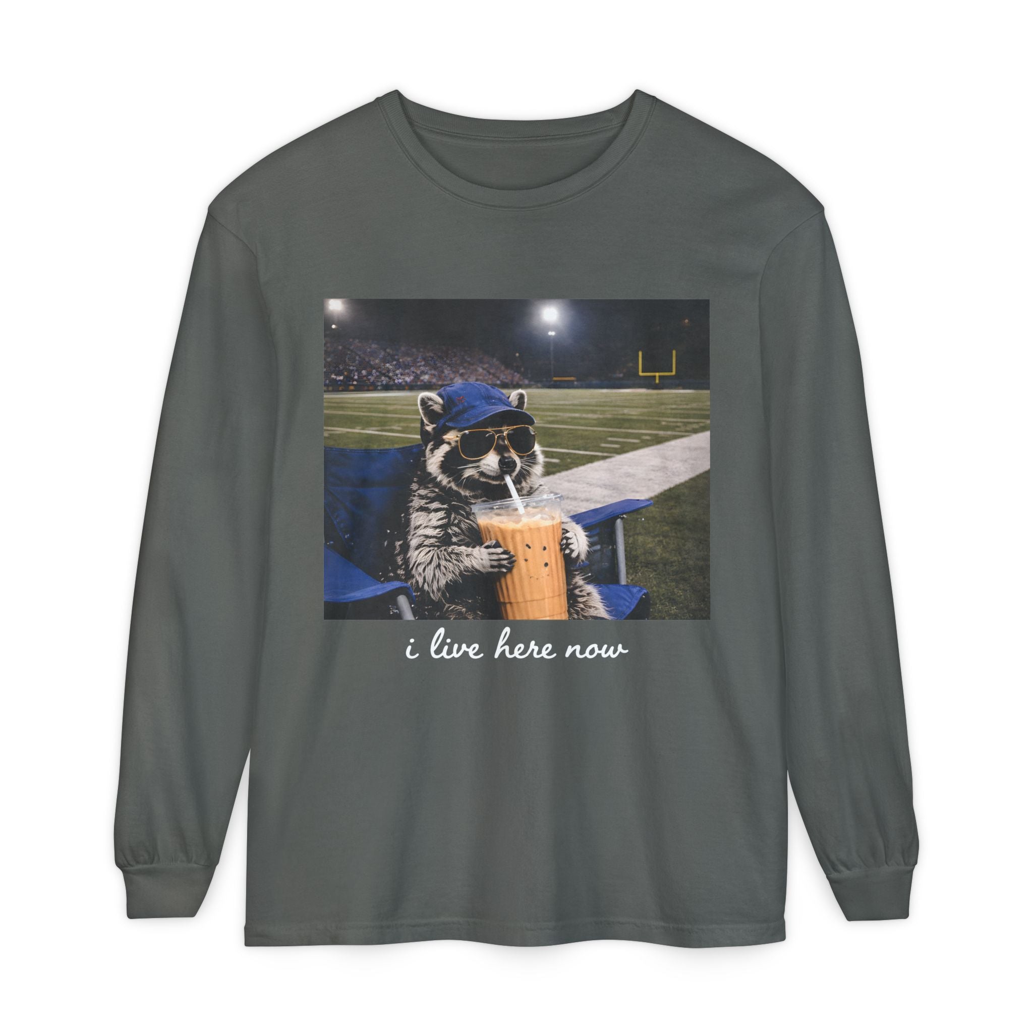 Raccoon Stadium Long Sleeve Tee — "I Live Here Now" Graphic