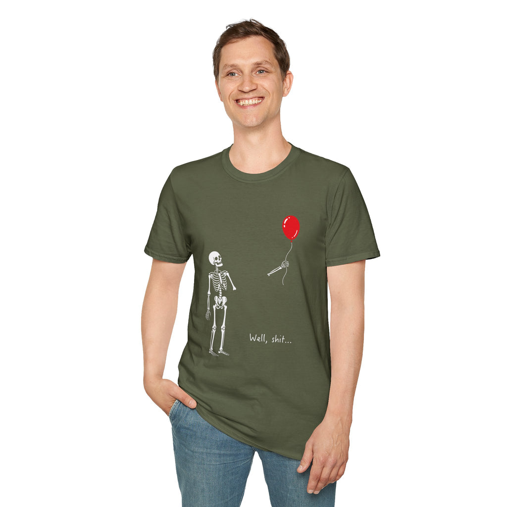 Skeleton Reaching for Red Balloon T‑Shirt — Funny Dark Humour Tee