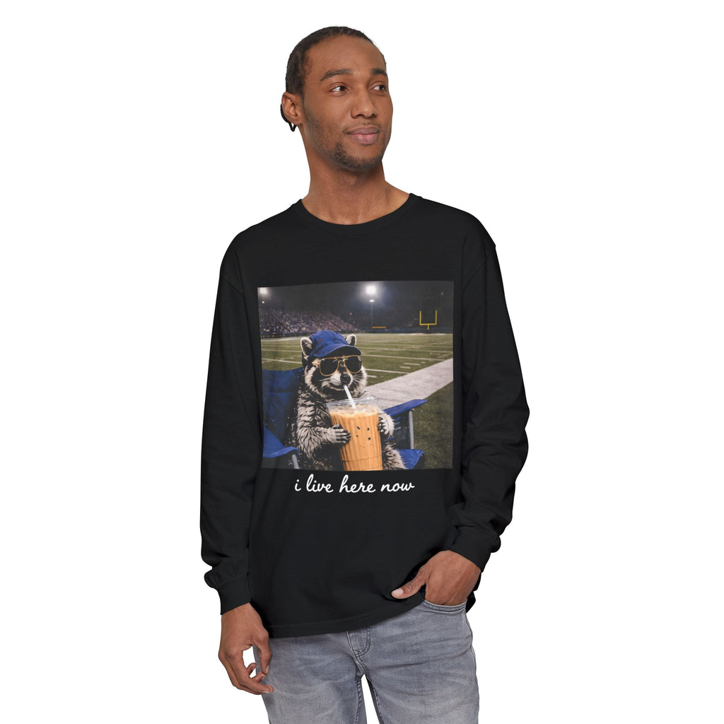 Raccoon Stadium Long Sleeve Tee — "I Live Here Now" Graphic