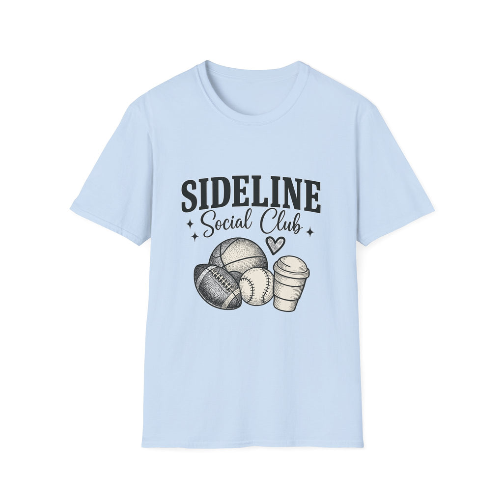 Sideline Social Club T-Shirt — Cute Sports Mom Tee with Volleyball, Football & Coffee Graphic