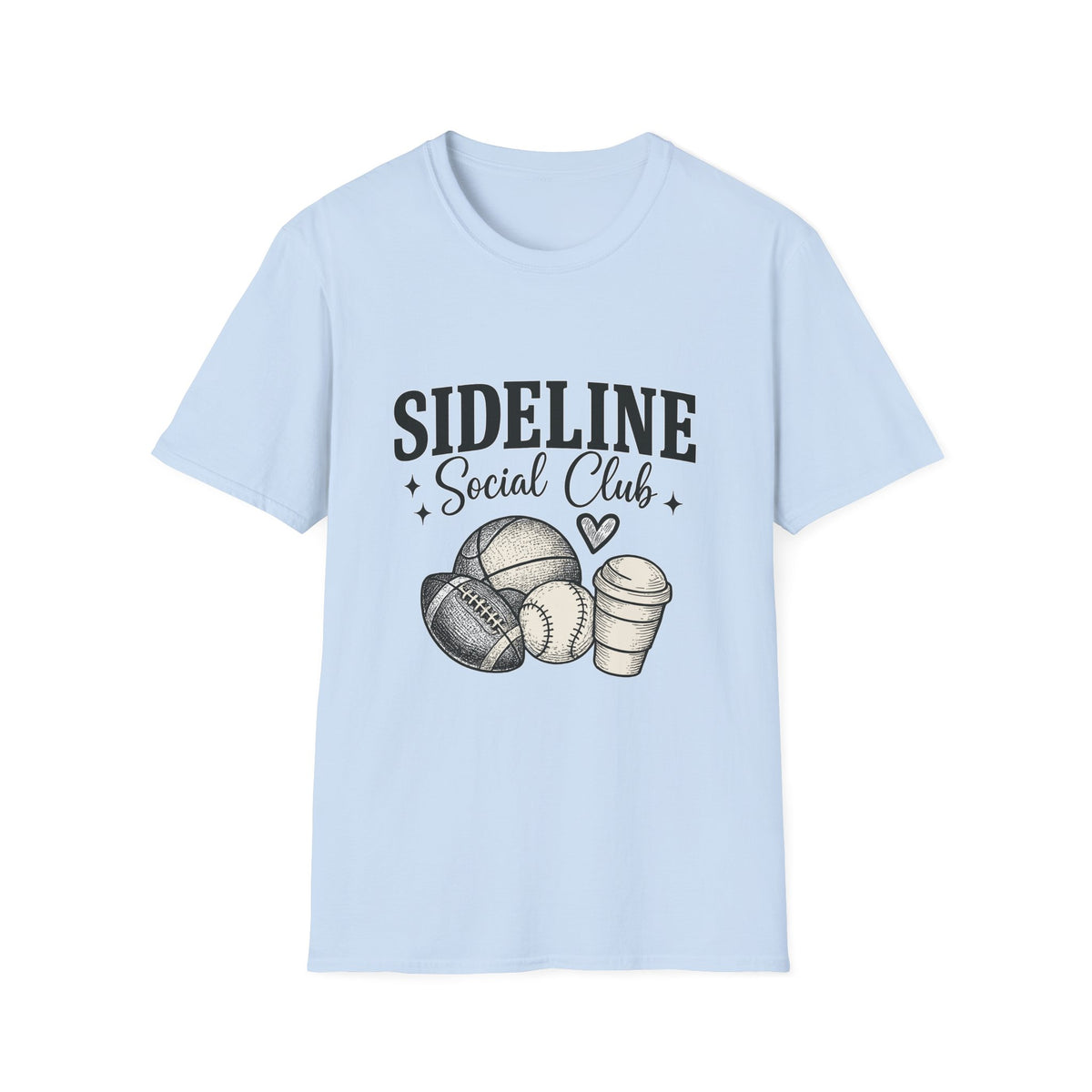 Sideline Social Club T-Shirt — Cute Sports Mom Tee with Volleyball, Football & Coffee Graphic