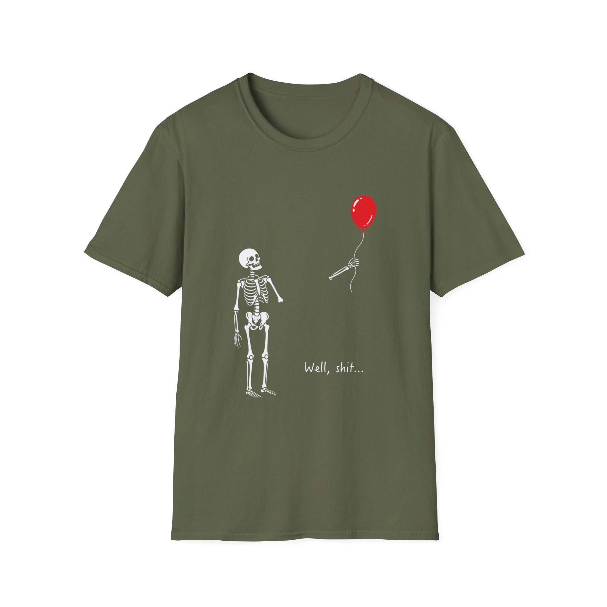 Skeleton Reaching for Red Balloon T‑Shirt — Funny Dark Humour Tee