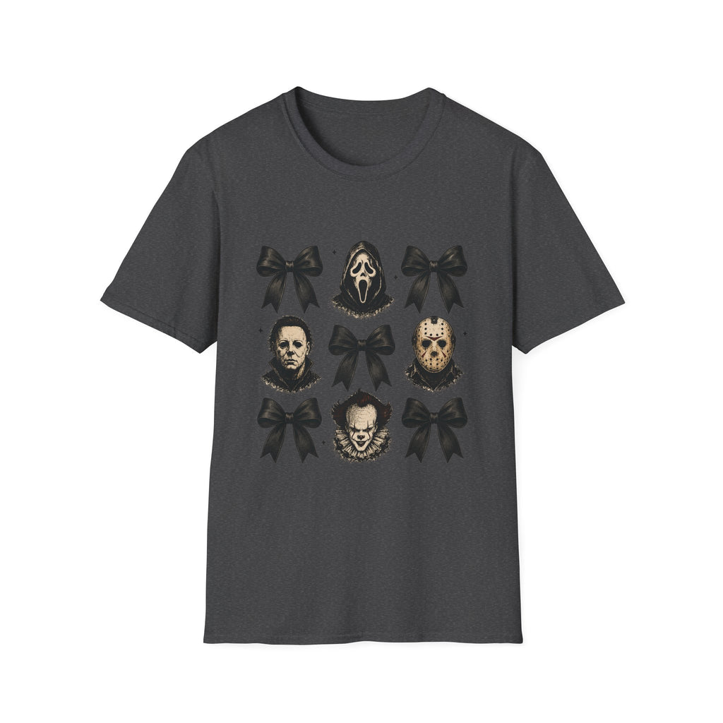 Horror Icons & Bows Graphic T-Shirt — Scream, Michael Myers & Jason Novelty Tee