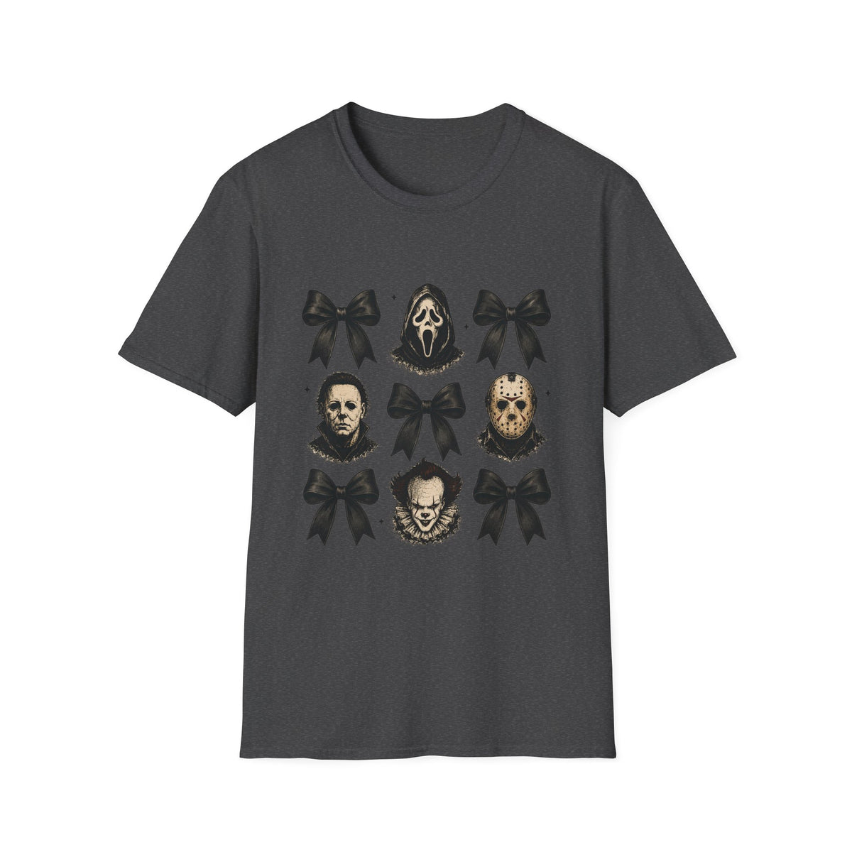 Horror Icons & Bows Graphic T-Shirt — Scream, Michael Myers & Jason Novelty Tee