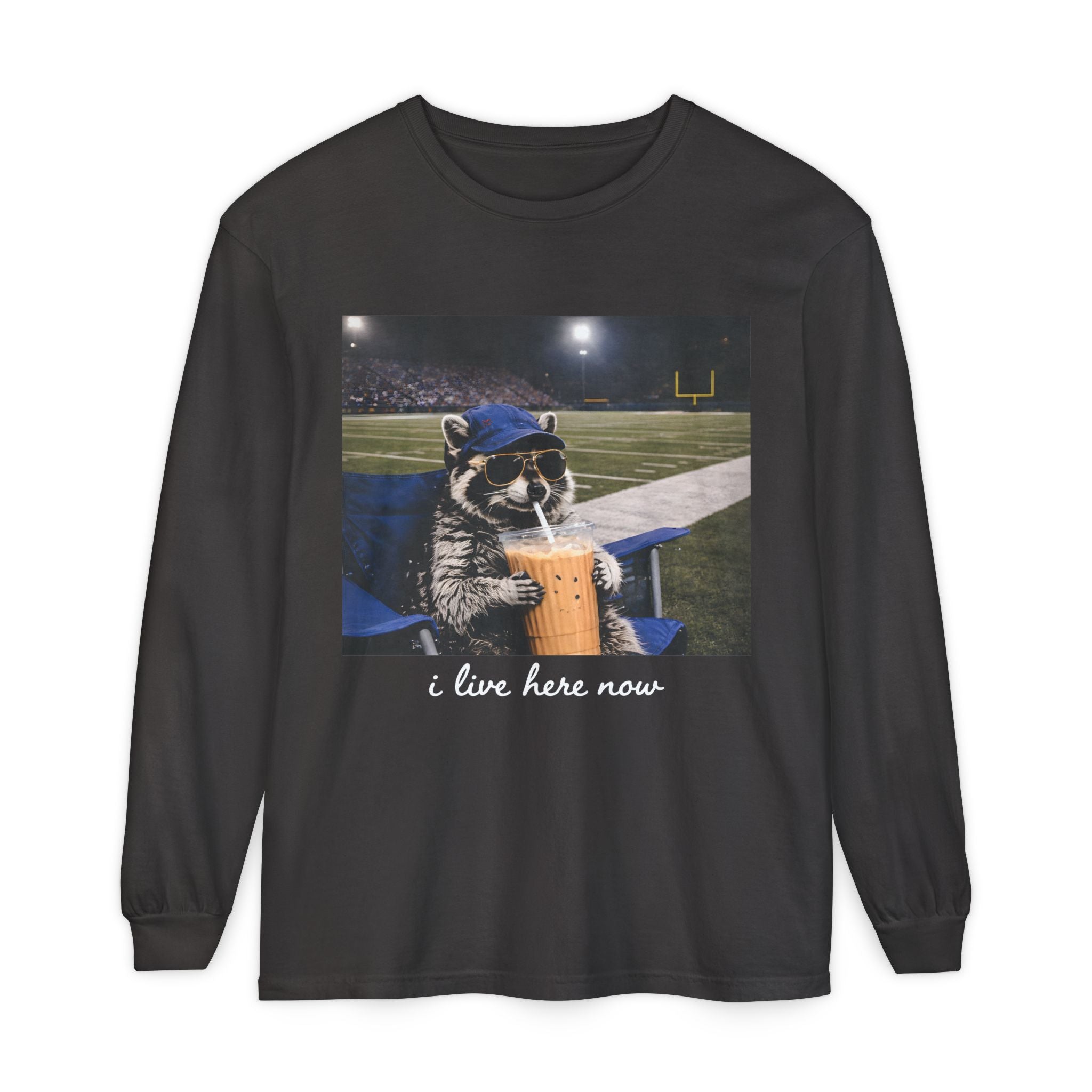 Raccoon Stadium Long Sleeve Tee — "I Live Here Now" Graphic