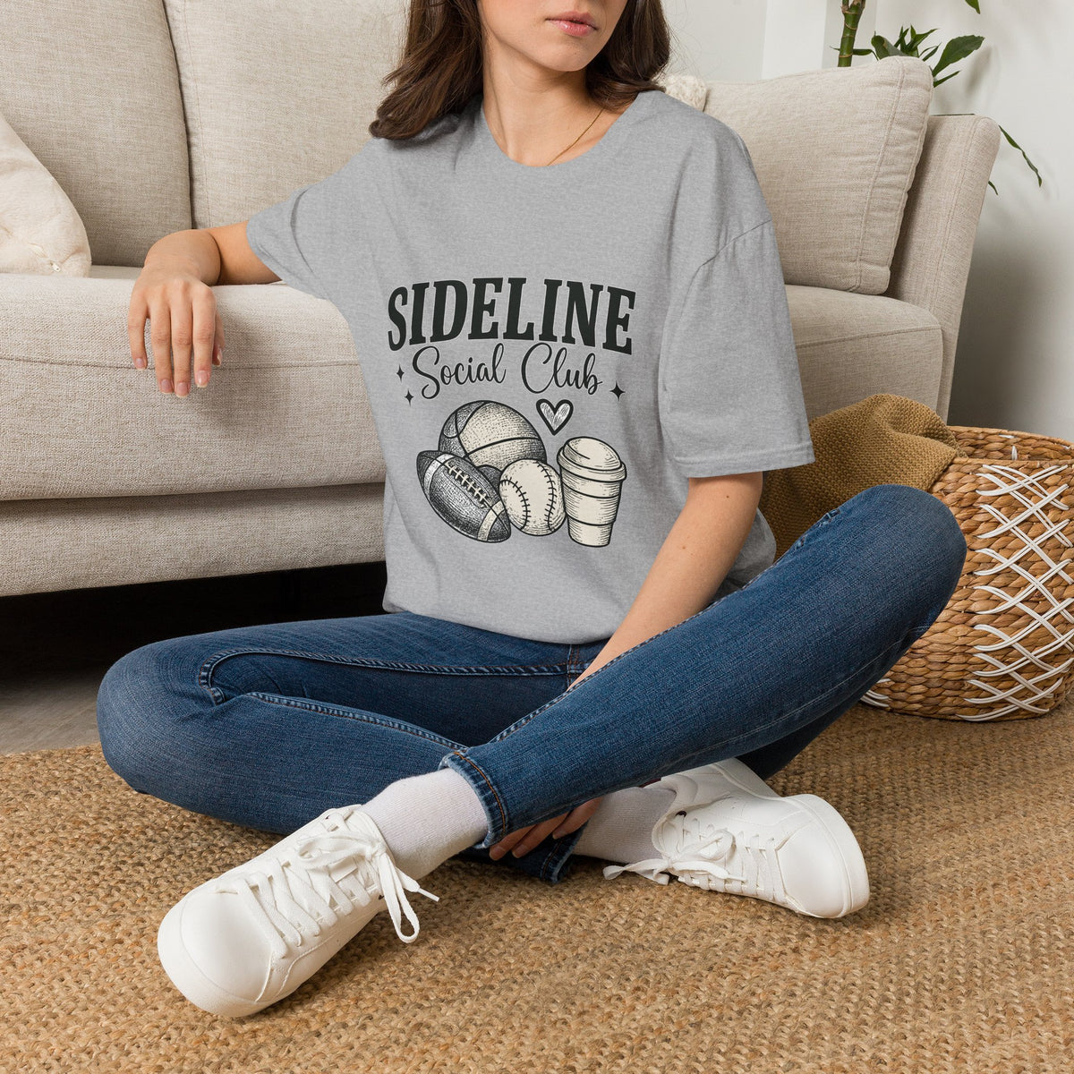 Sideline Social Club T-Shirt — Cute Sports Mom Tee with Volleyball, Football & Coffee Graphic