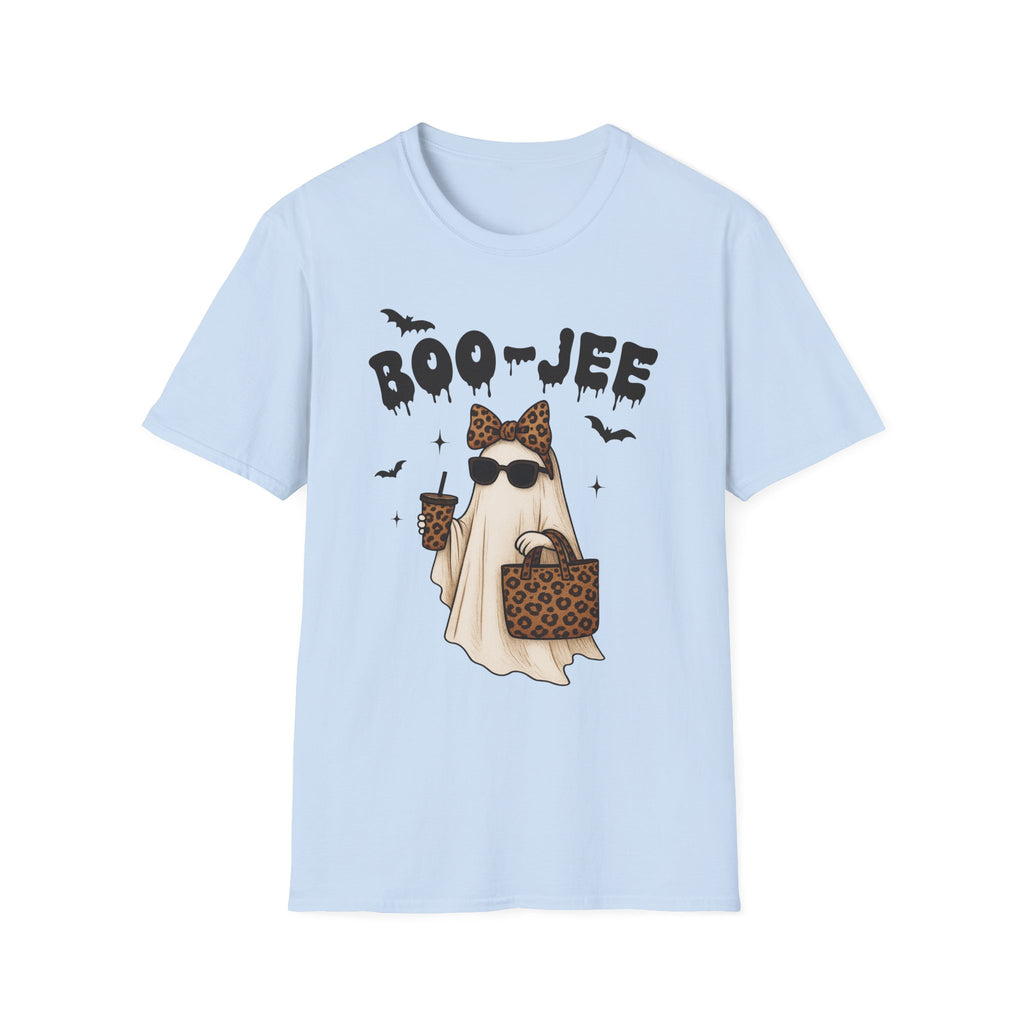 Boo-Jeep Ghost Graphic T-Shirt — Cute Spooky Halloween Tee with Sunglasses & Leopard Bow