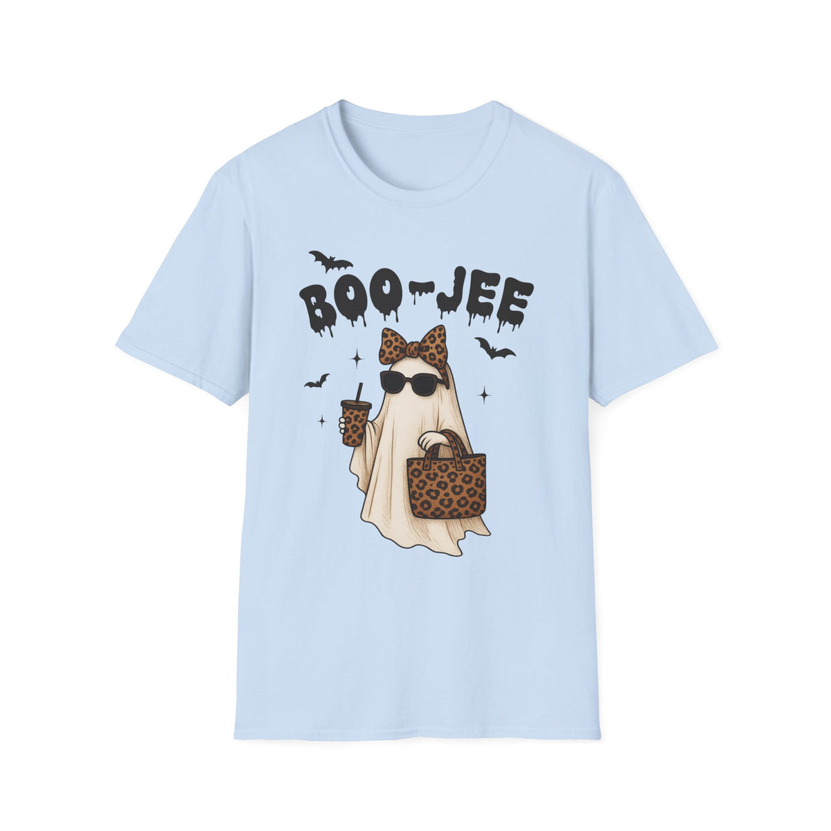 Boo-Jeep Ghost Graphic T-Shirt — Cute Spooky Halloween Tee with Sunglasses & Leopard Bow