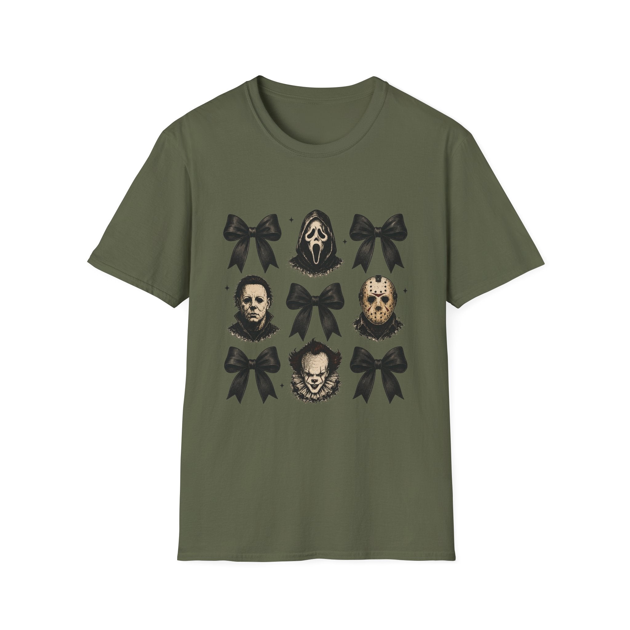 Horror Icons & Bows Graphic T-Shirt — Scream, Michael Myers & Jason Novelty Tee