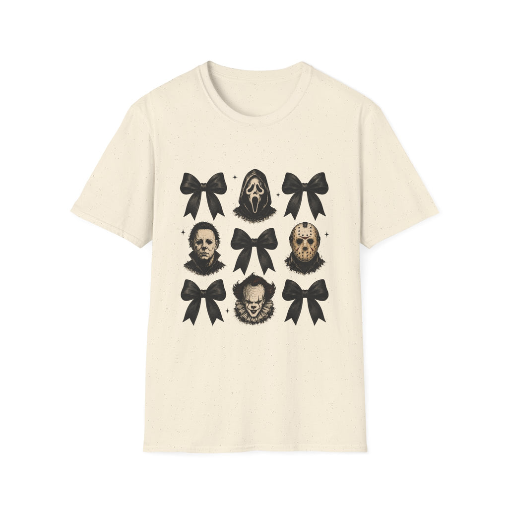 Horror Icons & Bows Graphic T-Shirt — Scream, Michael Myers & Jason Novelty Tee