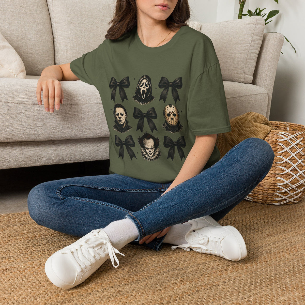 Horror Icons & Bows Graphic T-Shirt — Scream, Michael Myers & Jason Novelty Tee