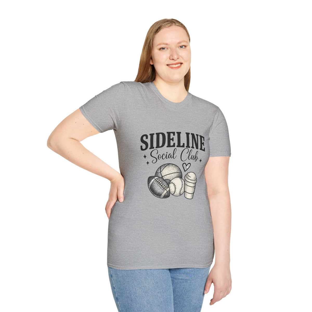 Sideline Social Club T-Shirt — Cute Sports Mom Tee with Volleyball, Football & Coffee Graphic