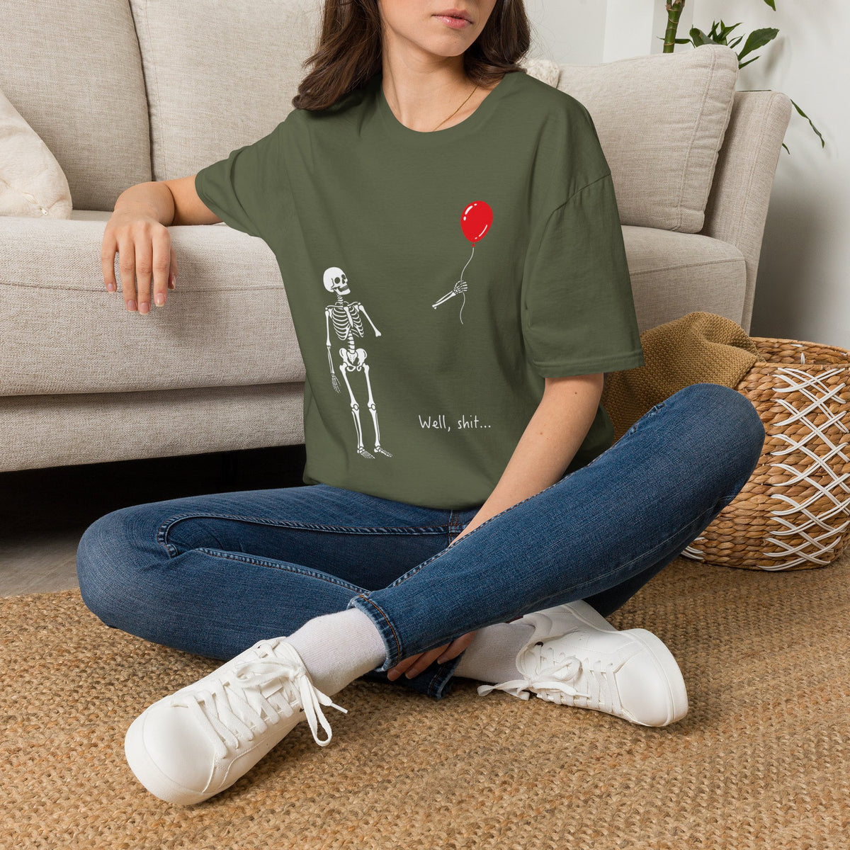 Skeleton Reaching for Red Balloon T‑Shirt — Funny Dark Humour Tee