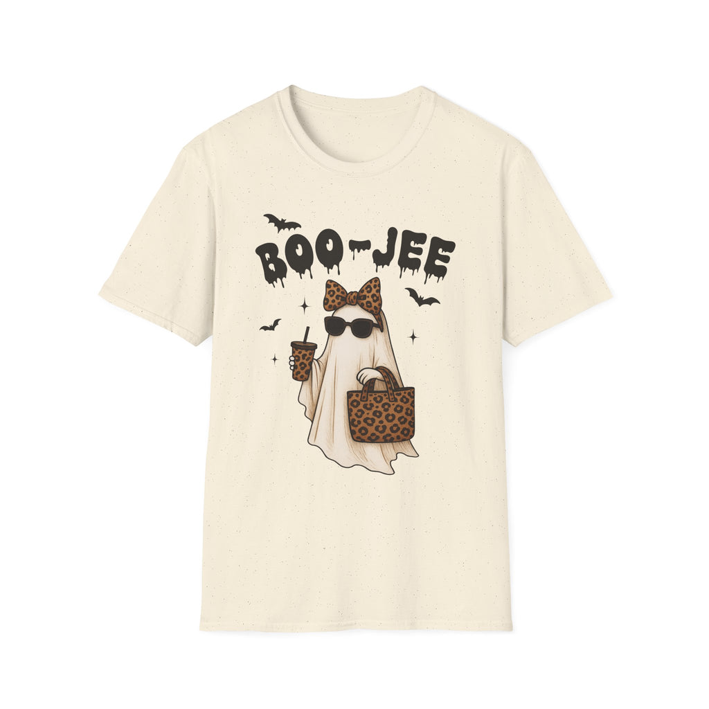 Boo-Jeep Ghost Graphic T-Shirt — Cute Spooky Halloween Tee with Sunglasses & Leopard Bow