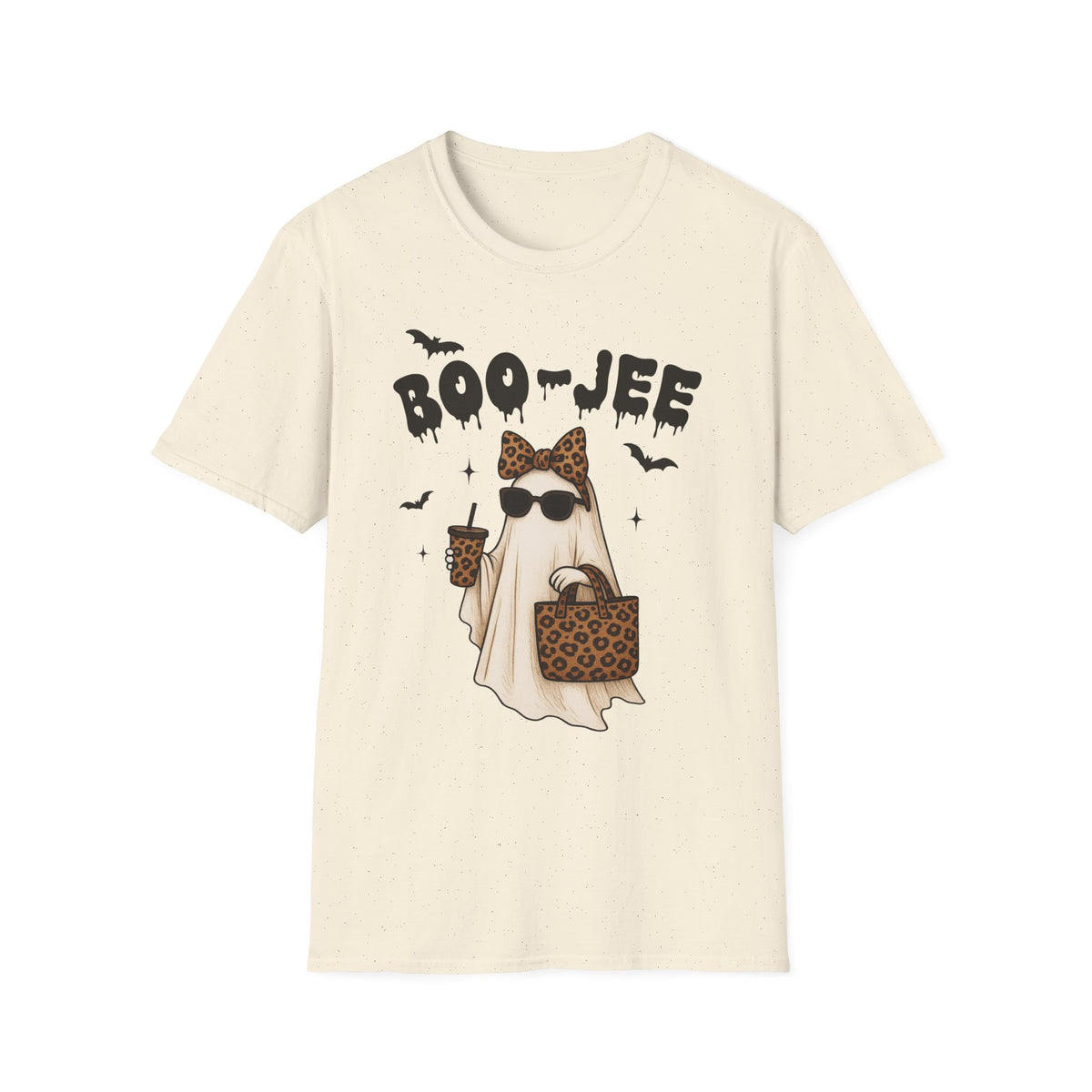 Boo-Jeep Ghost Graphic T-Shirt — Cute Spooky Halloween Tee with Sunglasses & Leopard Bow