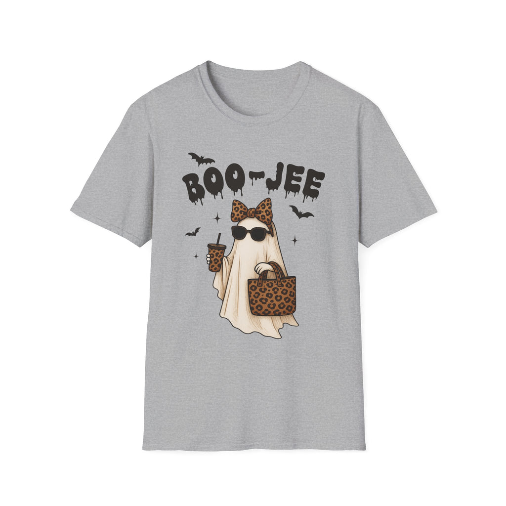 Boo-Jeep Ghost Graphic T-Shirt — Cute Spooky Halloween Tee with Sunglasses & Leopard Bow