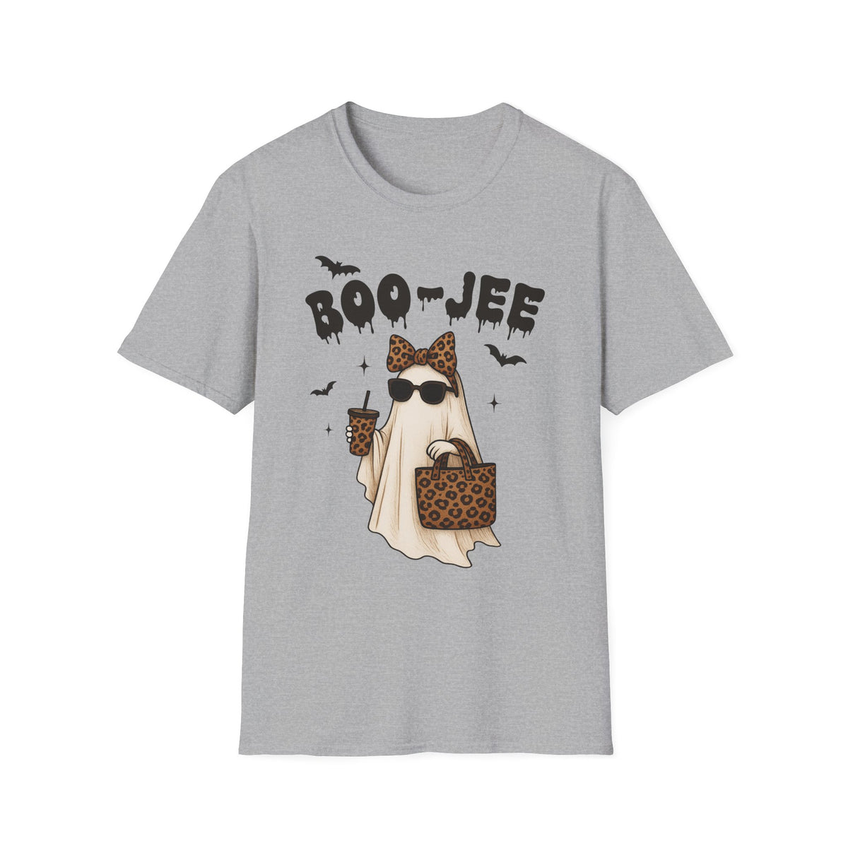 Boo-Jeep Ghost Graphic T-Shirt — Cute Spooky Halloween Tee with Sunglasses & Leopard Bow