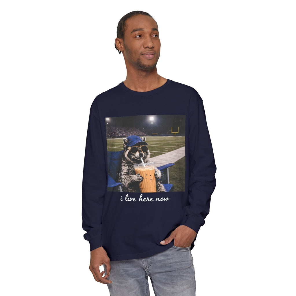 Raccoon Stadium Long Sleeve Tee — "I Live Here Now" Graphic