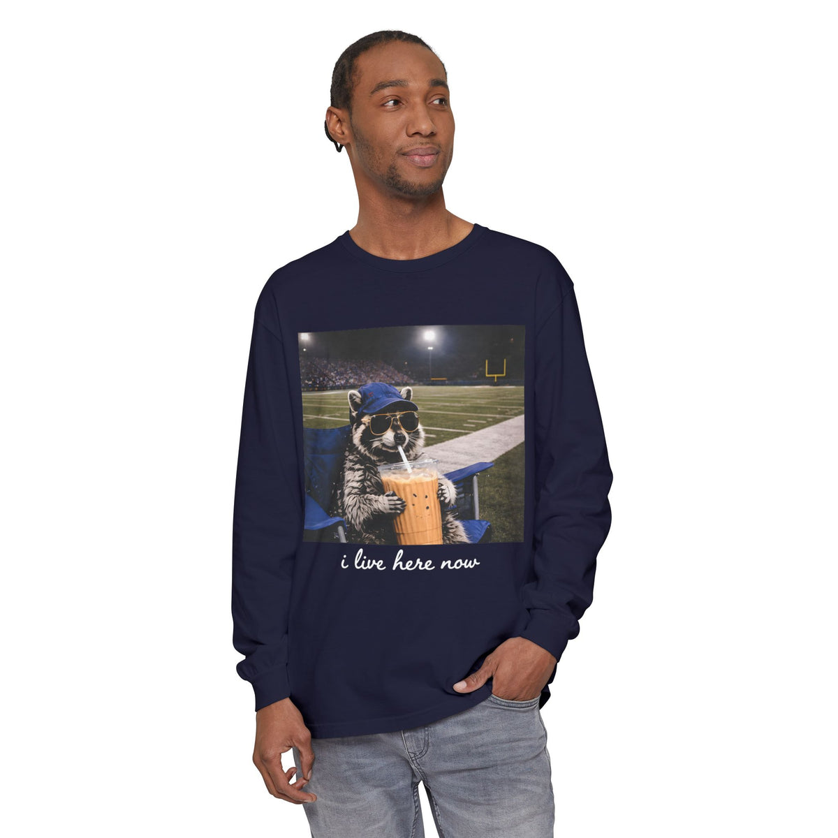Raccoon Stadium Long Sleeve Tee — "I Live Here Now" Graphic