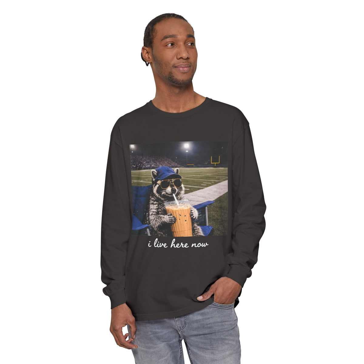 Raccoon Stadium Long Sleeve Tee — "I Live Here Now" Graphic