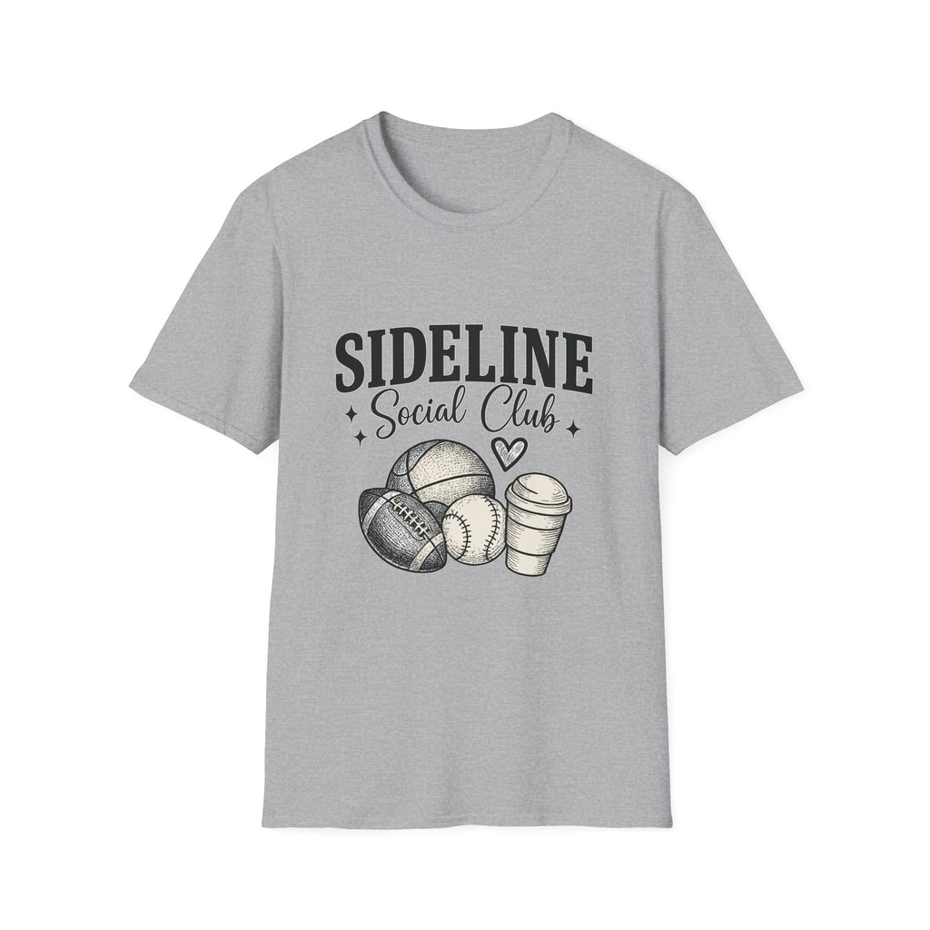 Sideline Social Club T-Shirt — Cute Sports Mom Tee with Volleyball, Football & Coffee Graphic