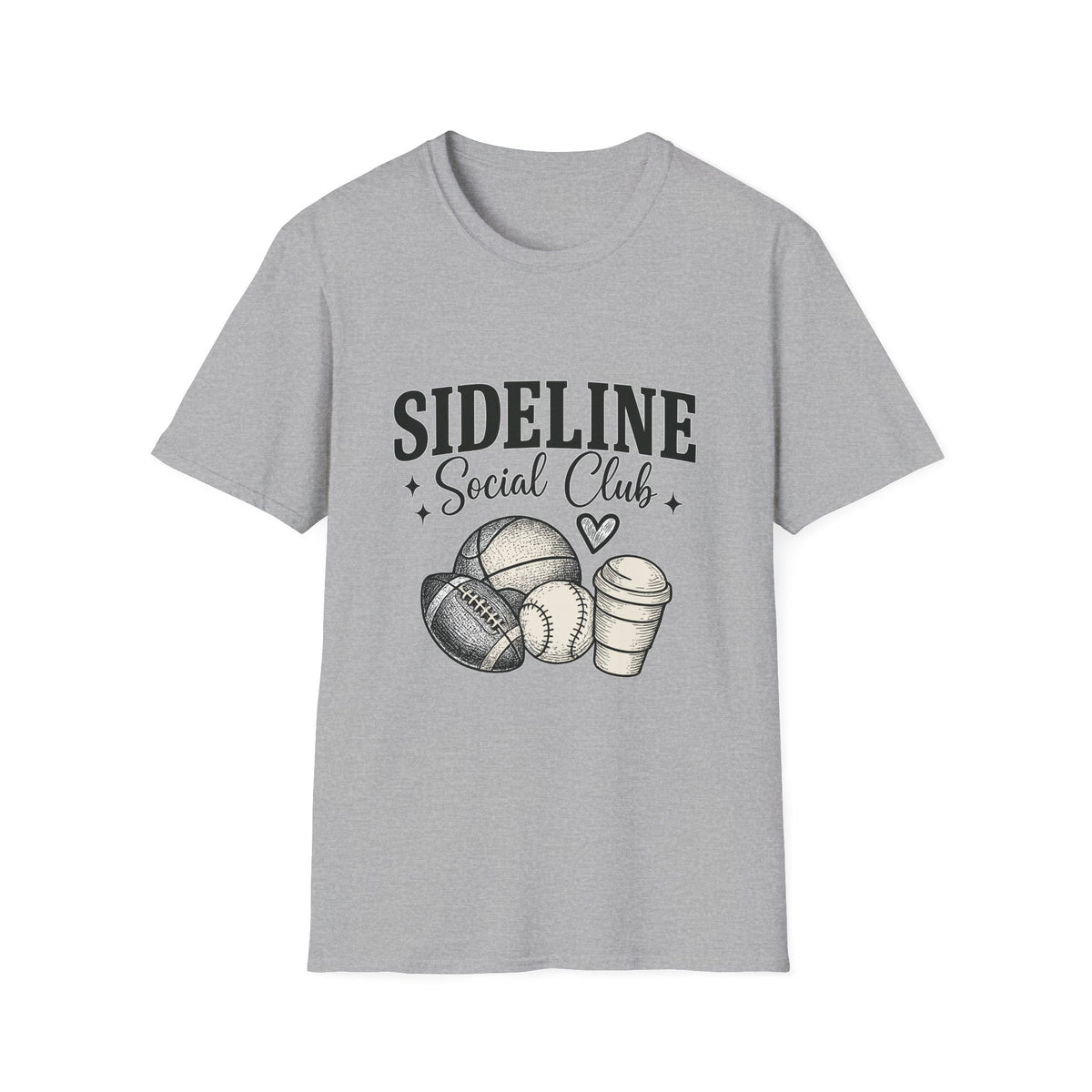 Sideline Social Club T-Shirt — Cute Sports Mom Tee with Volleyball, Football & Coffee Graphic