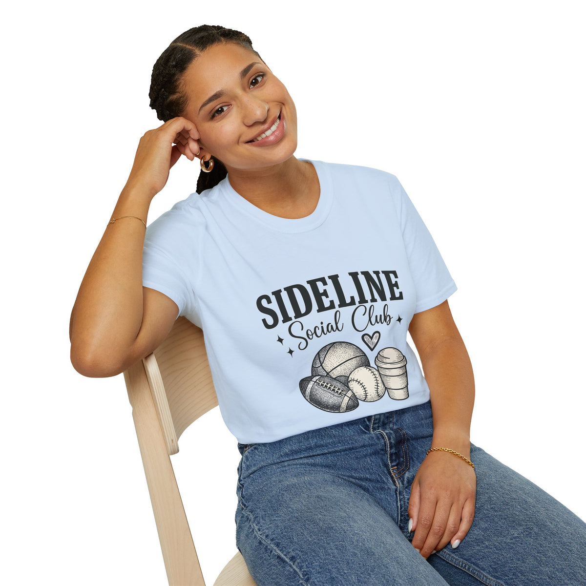 Sideline Social Club T-Shirt — Cute Sports Mom Tee with Volleyball, Football & Coffee Graphic
