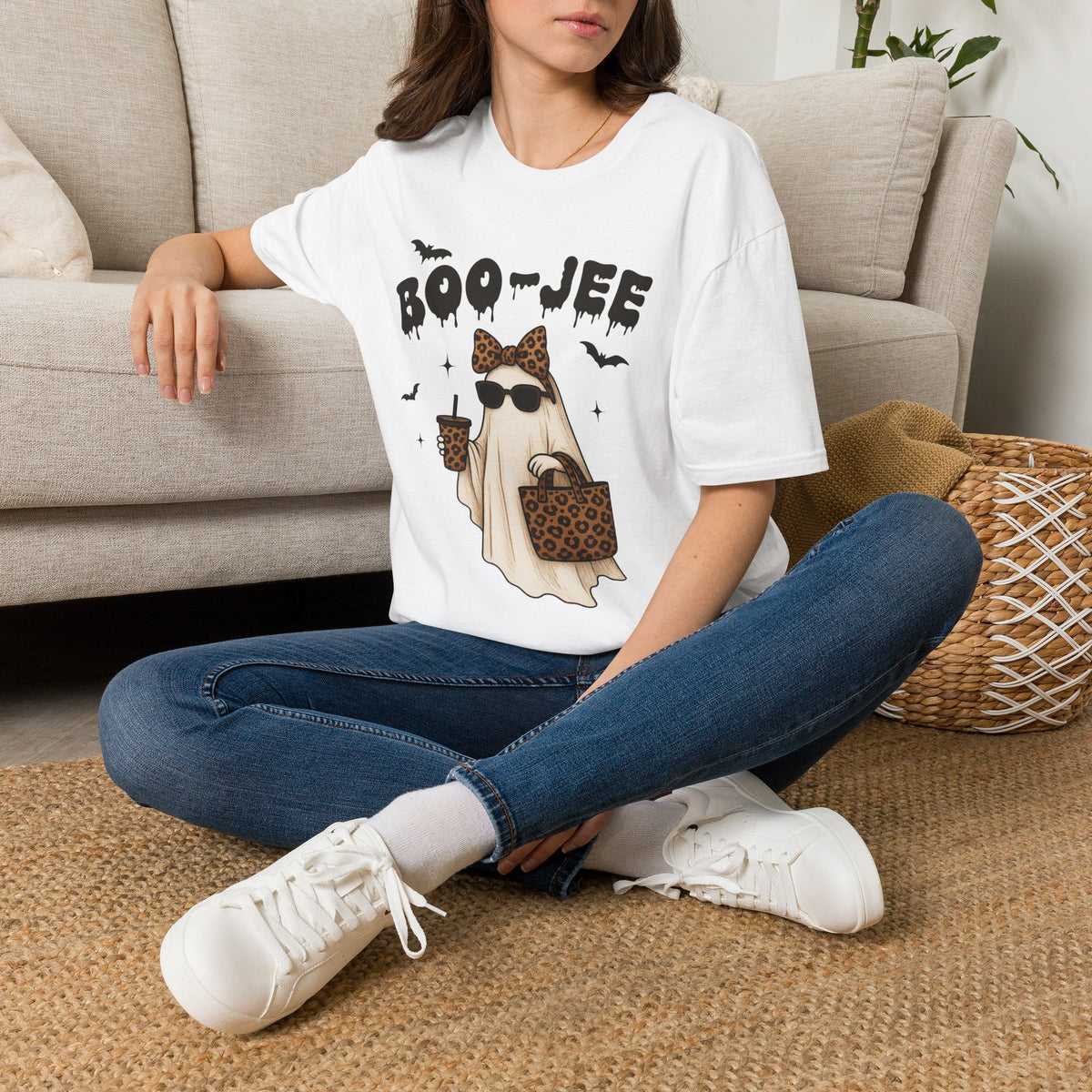 Boo-Jeep Ghost Graphic T-Shirt — Cute Spooky Halloween Tee with Sunglasses & Leopard Bow
