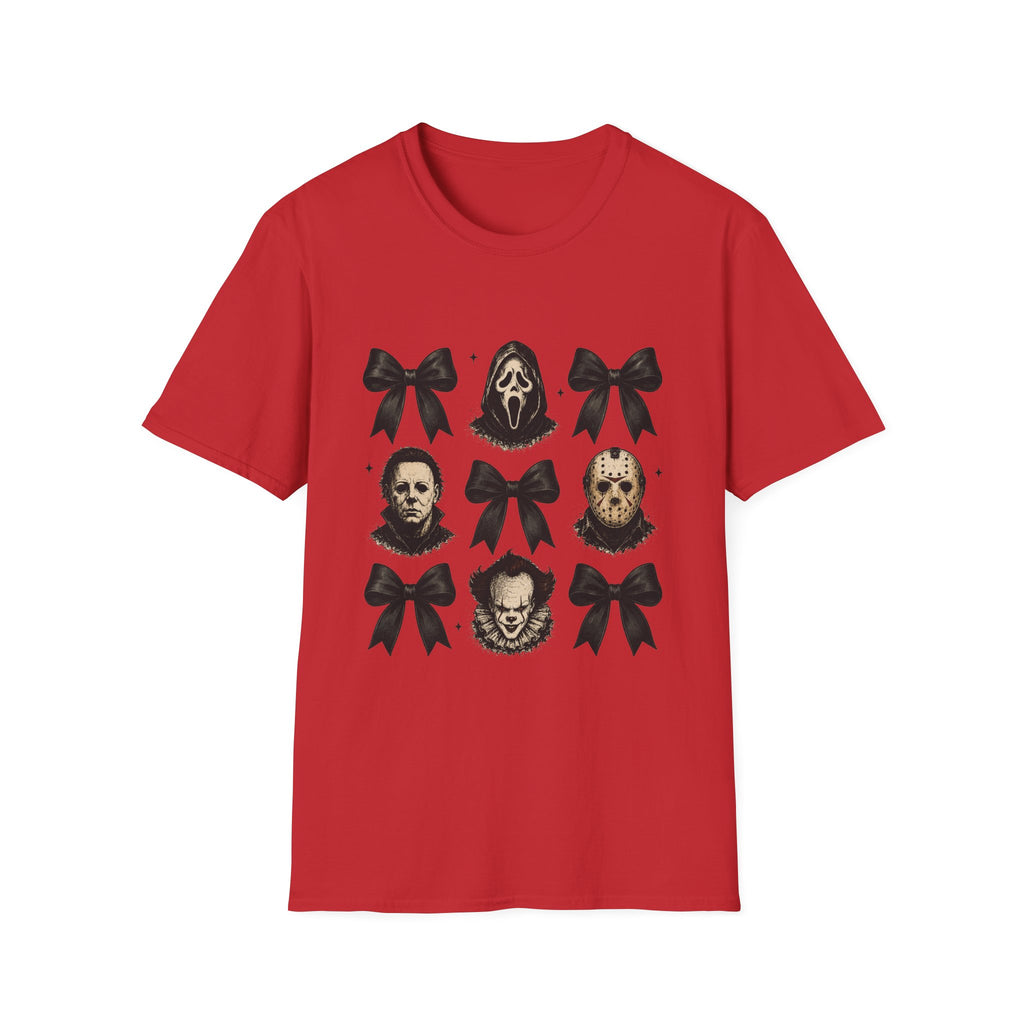Horror Icons & Bows Graphic T-Shirt — Scream, Michael Myers & Jason Novelty Tee