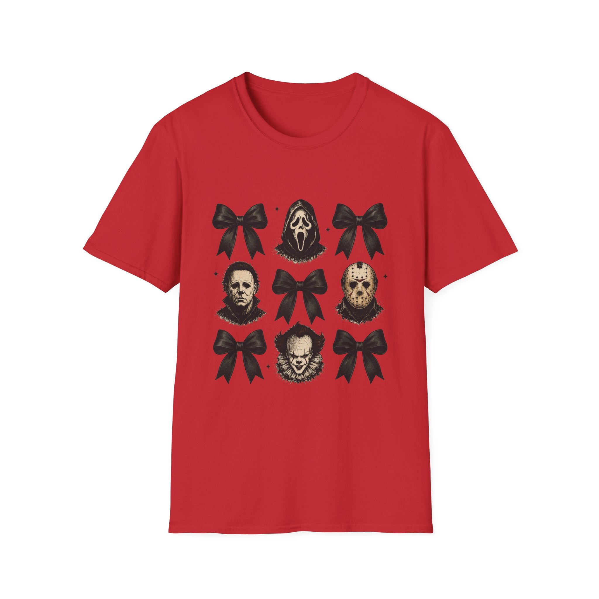 Horror Icons & Bows Graphic T-Shirt — Scream, Michael Myers & Jason Novelty Tee