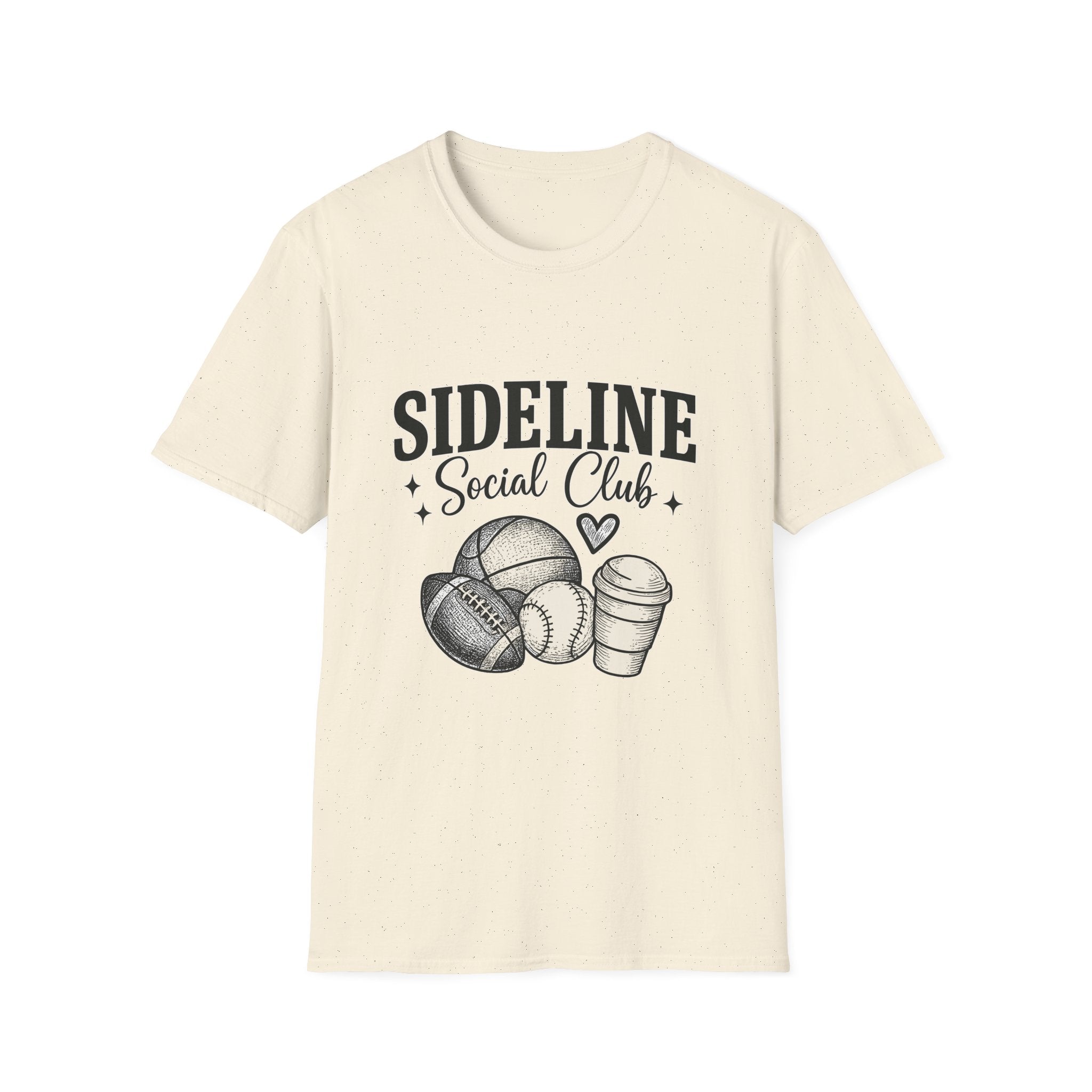Sideline Social Club T-Shirt — Cute Sports Mom Tee with Volleyball, Football & Coffee Graphic