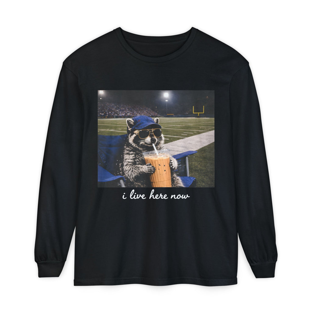 Raccoon Stadium Long Sleeve Tee — "I Live Here Now" Graphic