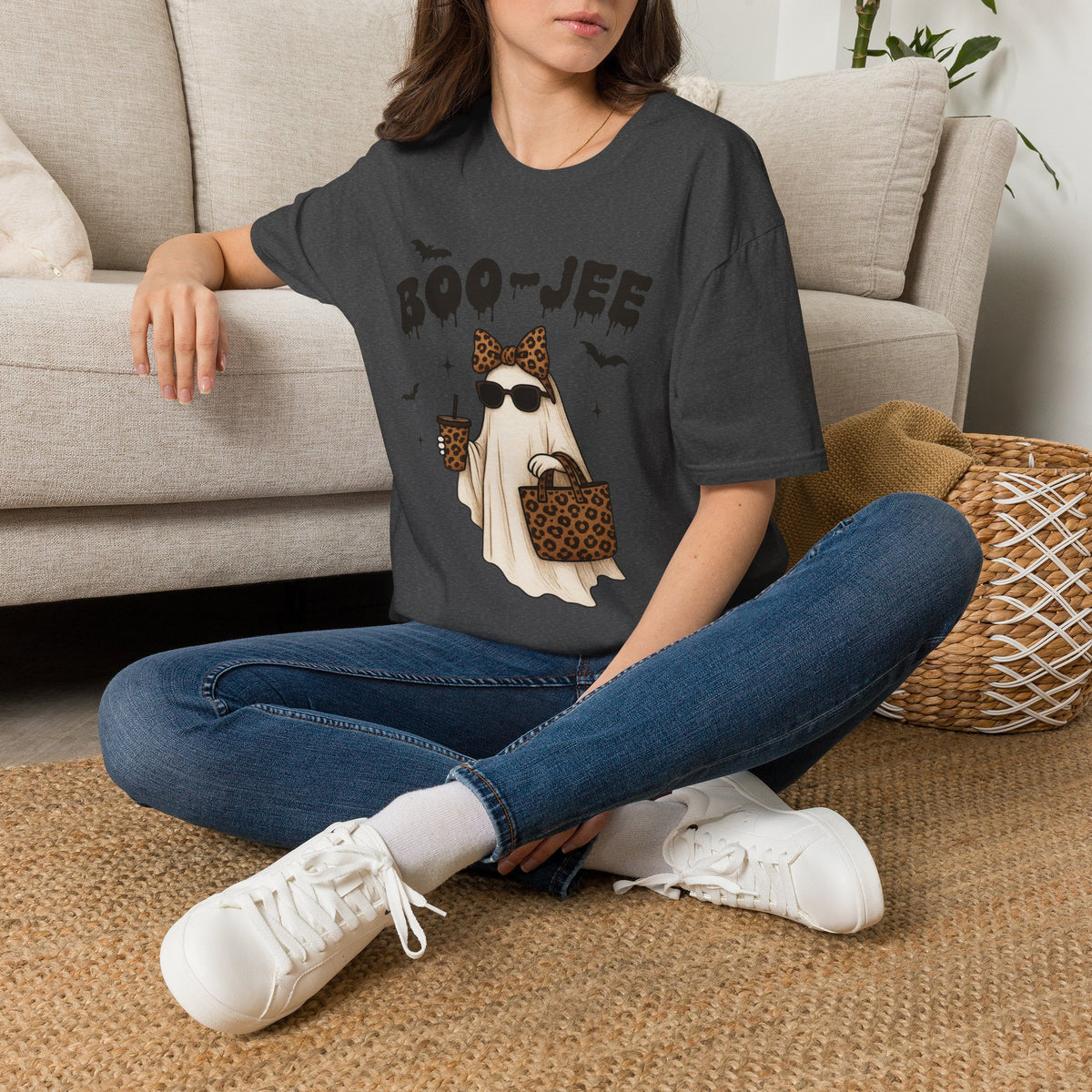Boo-Jeep Ghost Graphic T-Shirt — Cute Spooky Halloween Tee with Sunglasses & Leopard Bow