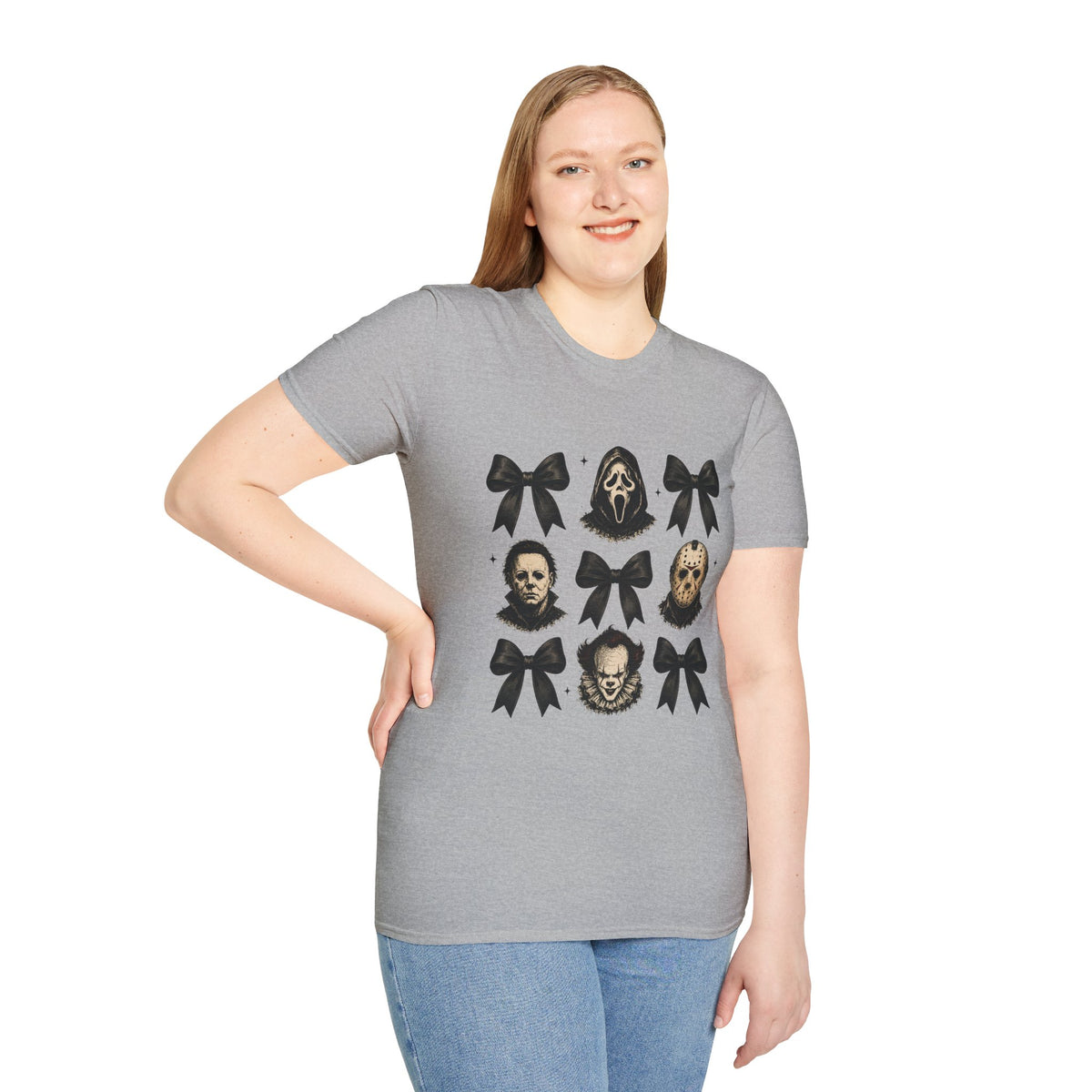 Horror Icons & Bows Graphic T-Shirt — Scream, Michael Myers & Jason Novelty Tee