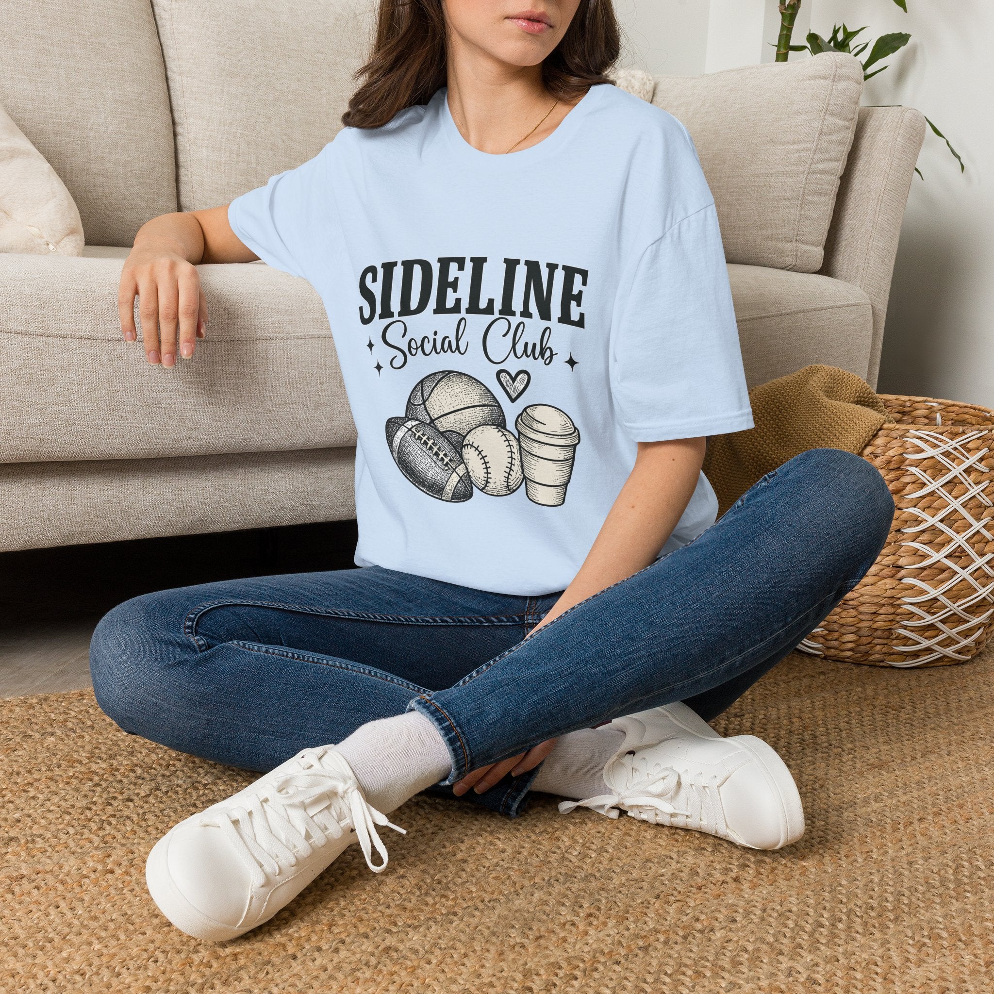 Sideline Social Club T-Shirt — Cute Sports Mom Tee with Volleyball, Football & Coffee Graphic
