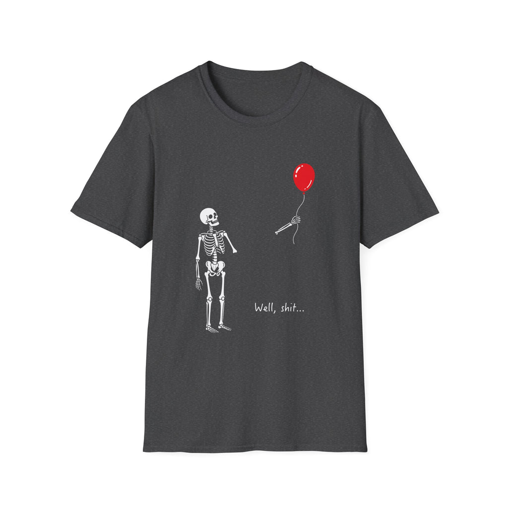 Skeleton Reaching for Red Balloon T‑Shirt — Funny Dark Humour Tee