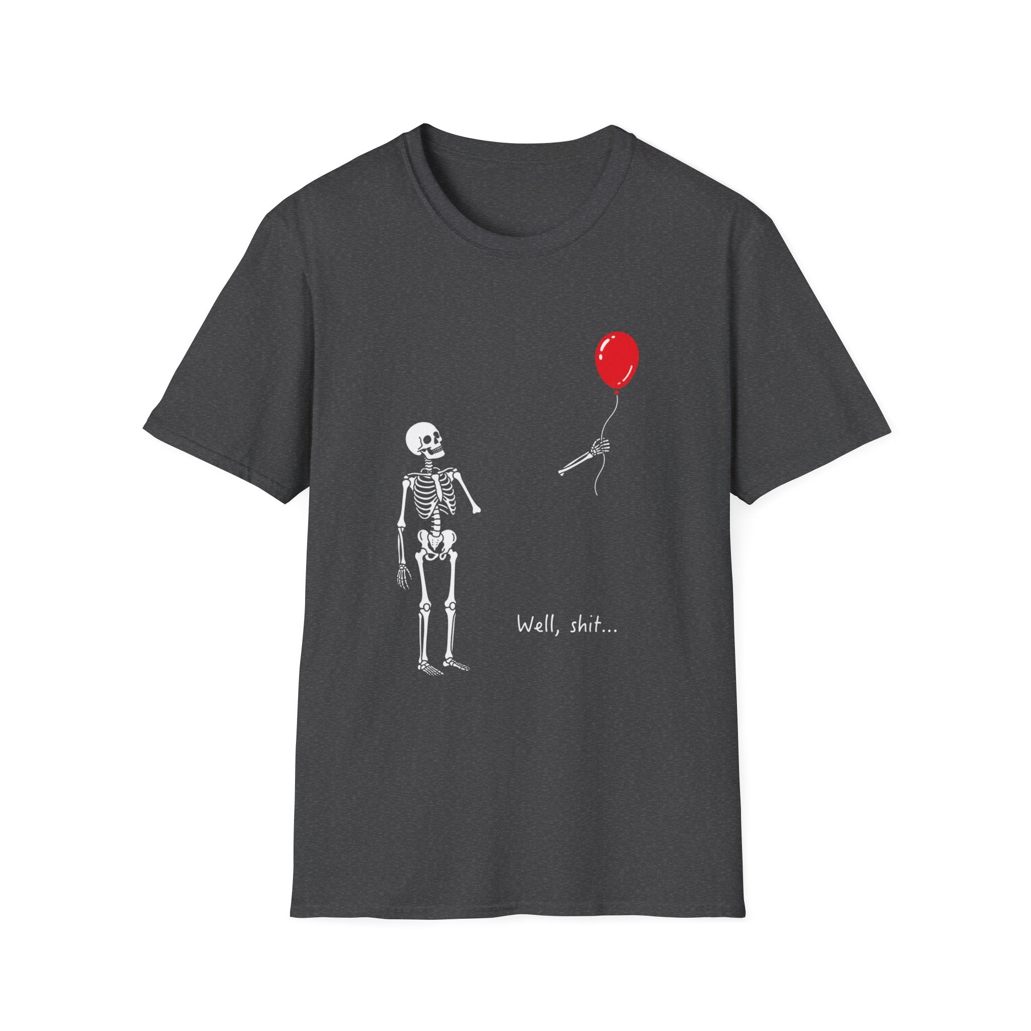 Skeleton Reaching for Red Balloon T‑Shirt — Funny Dark Humour Tee