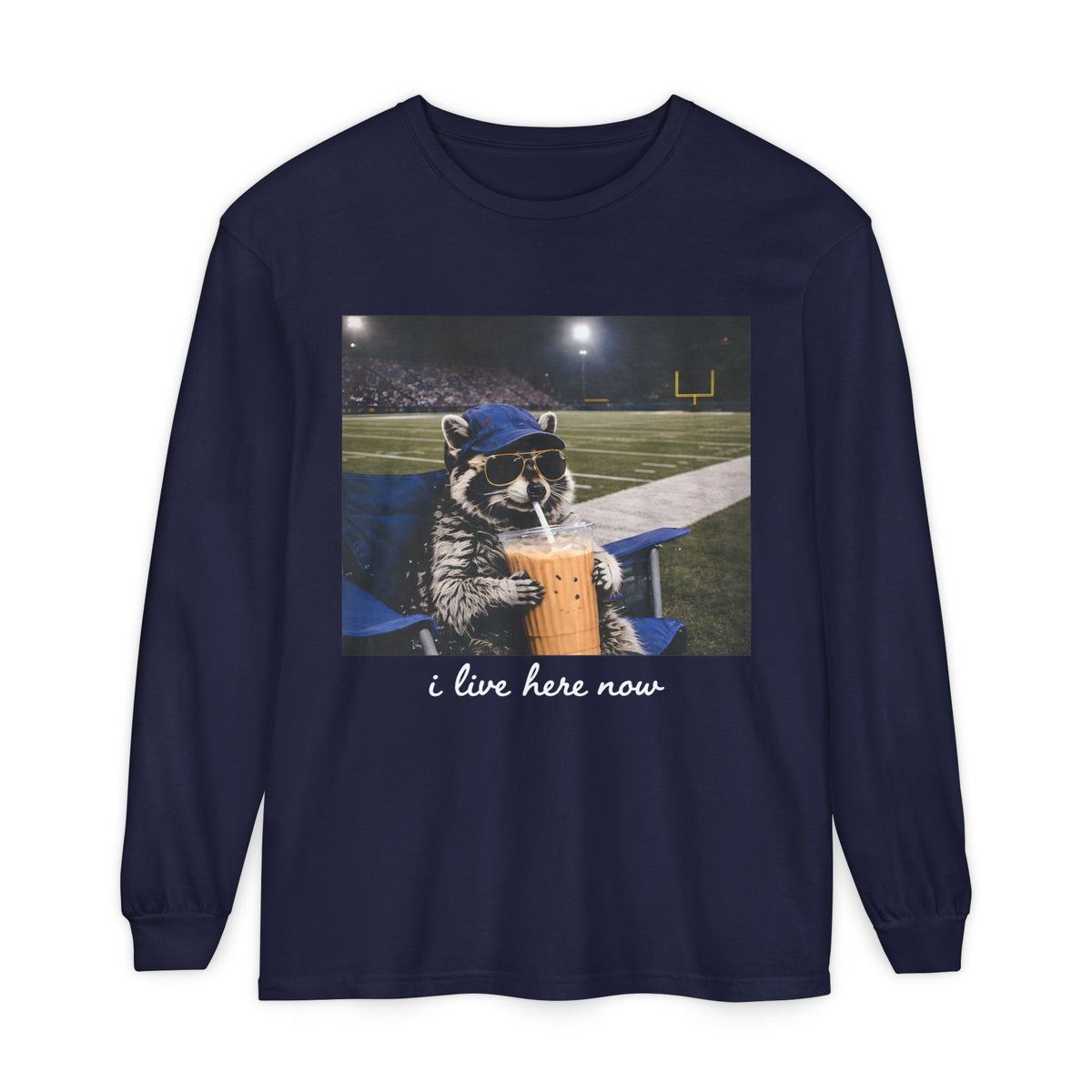 Raccoon Stadium Long Sleeve Tee — "I Live Here Now" Graphic