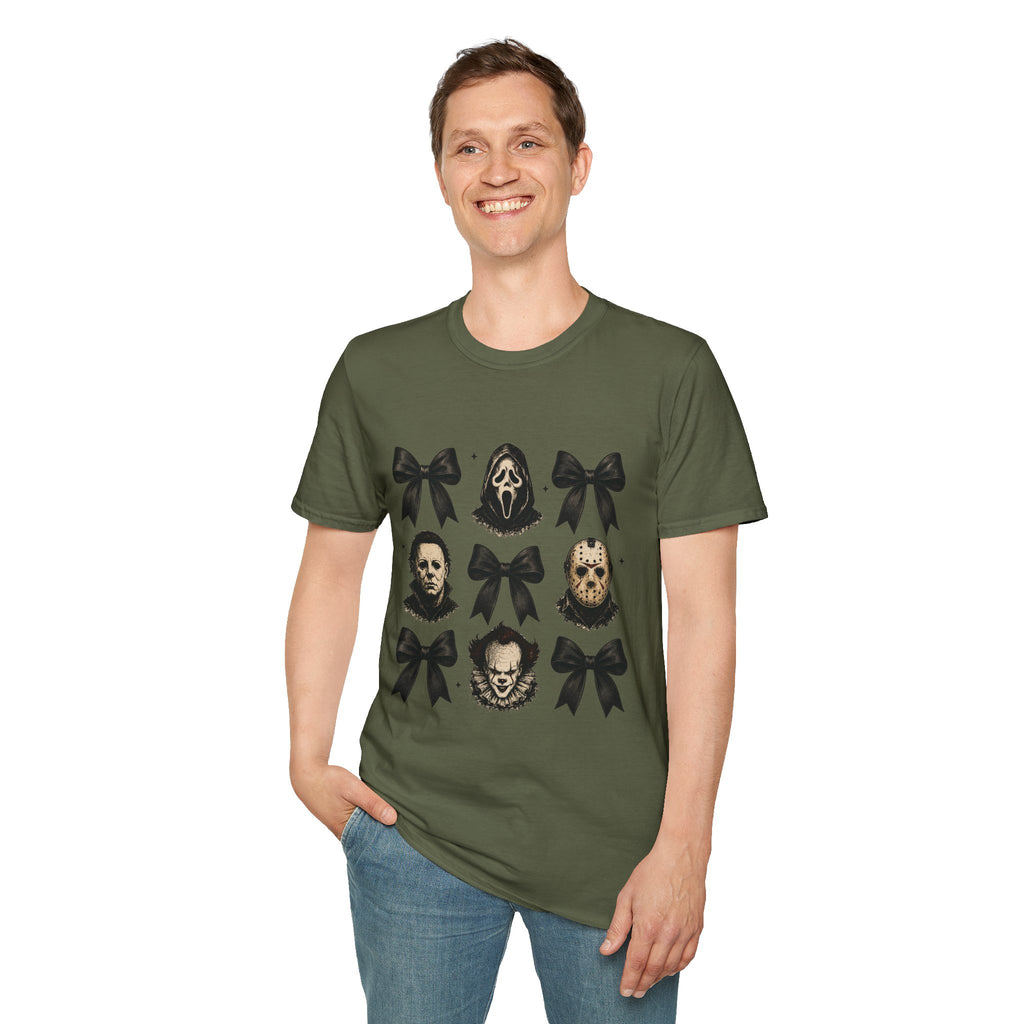 Horror Icons & Bows Graphic T-Shirt — Scream, Michael Myers & Jason Novelty Tee