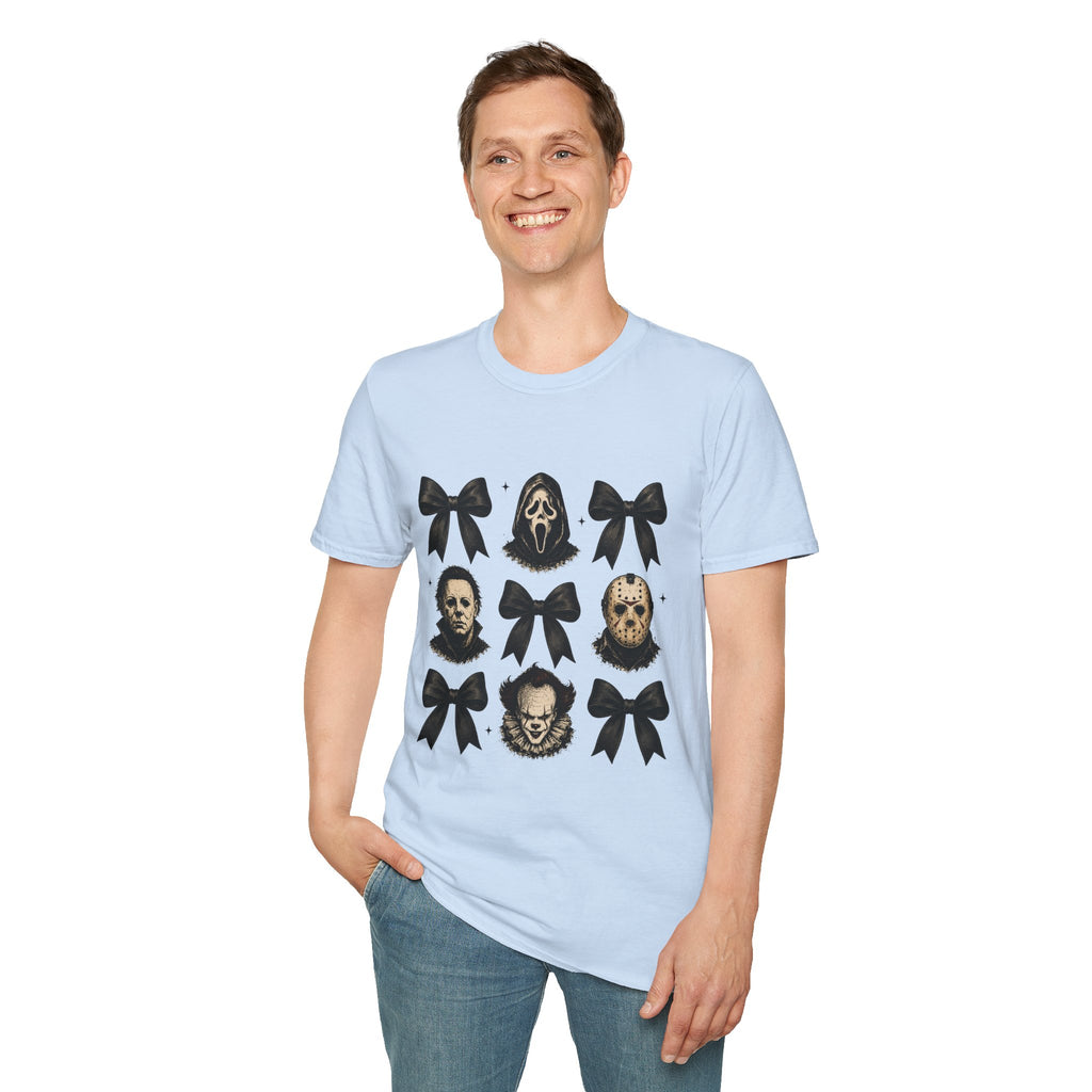 Horror Icons & Bows Graphic T-Shirt — Scream, Michael Myers & Jason Novelty Tee