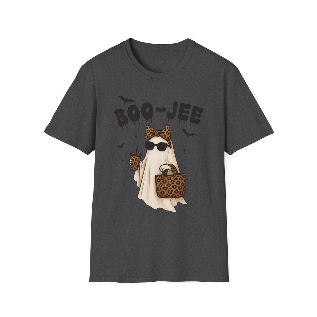 Boo-Jeep Ghost Graphic T-Shirt — Cute Spooky Halloween Tee with Sunglasses & Leopard Bow
