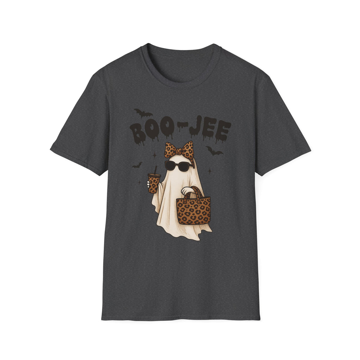 Boo-Jeep Ghost Graphic T-Shirt — Cute Spooky Halloween Tee with Sunglasses & Leopard Bow