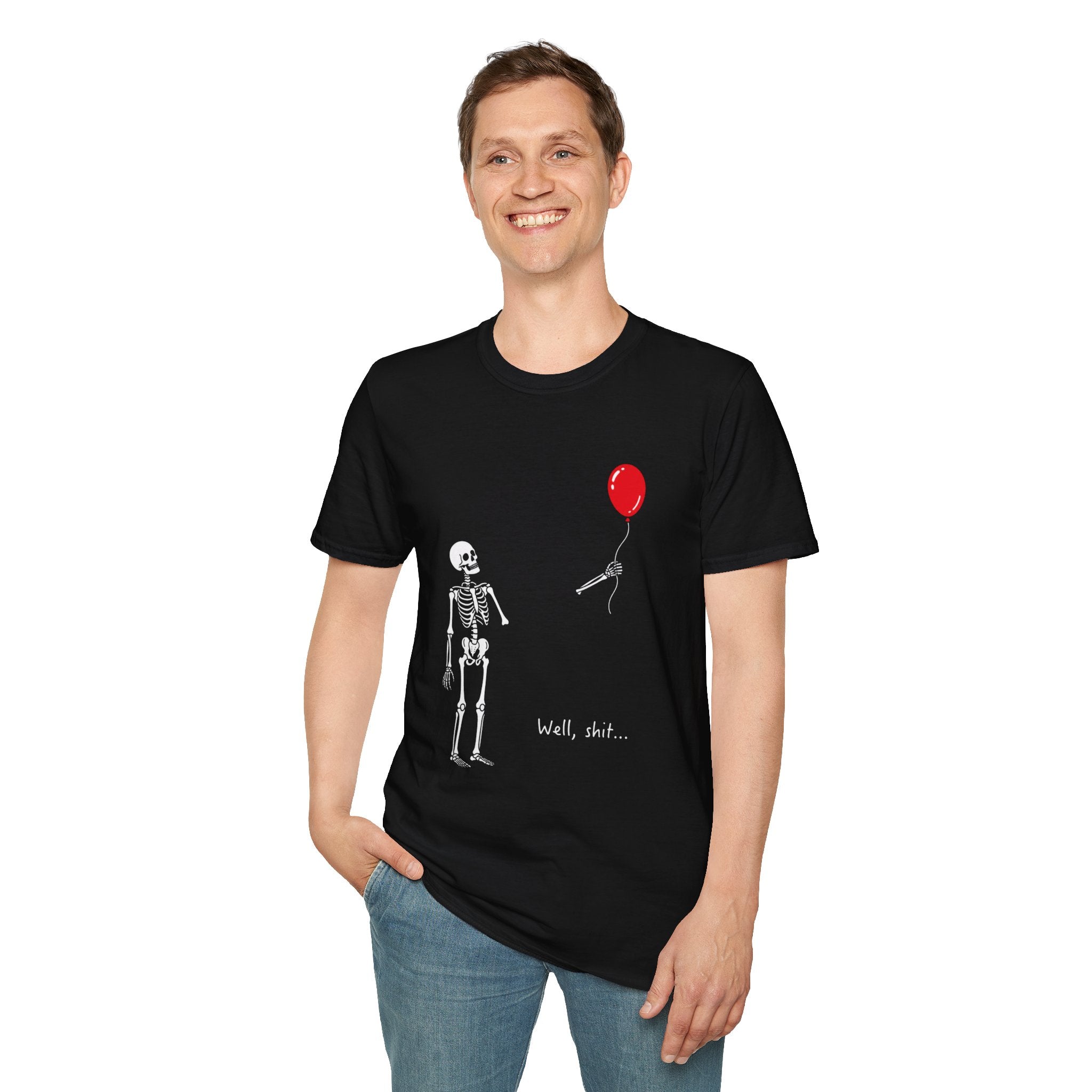 Skeleton Reaching for Red Balloon T‑Shirt — Funny Dark Humour Tee