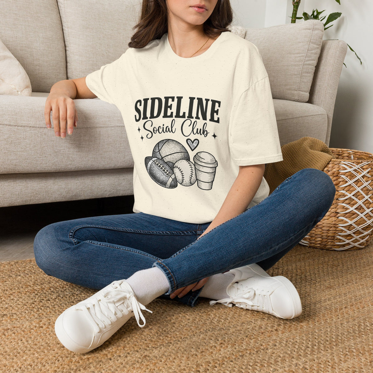 Sideline Social Club T-Shirt — Cute Sports Mom Tee with Volleyball, Football & Coffee Graphic