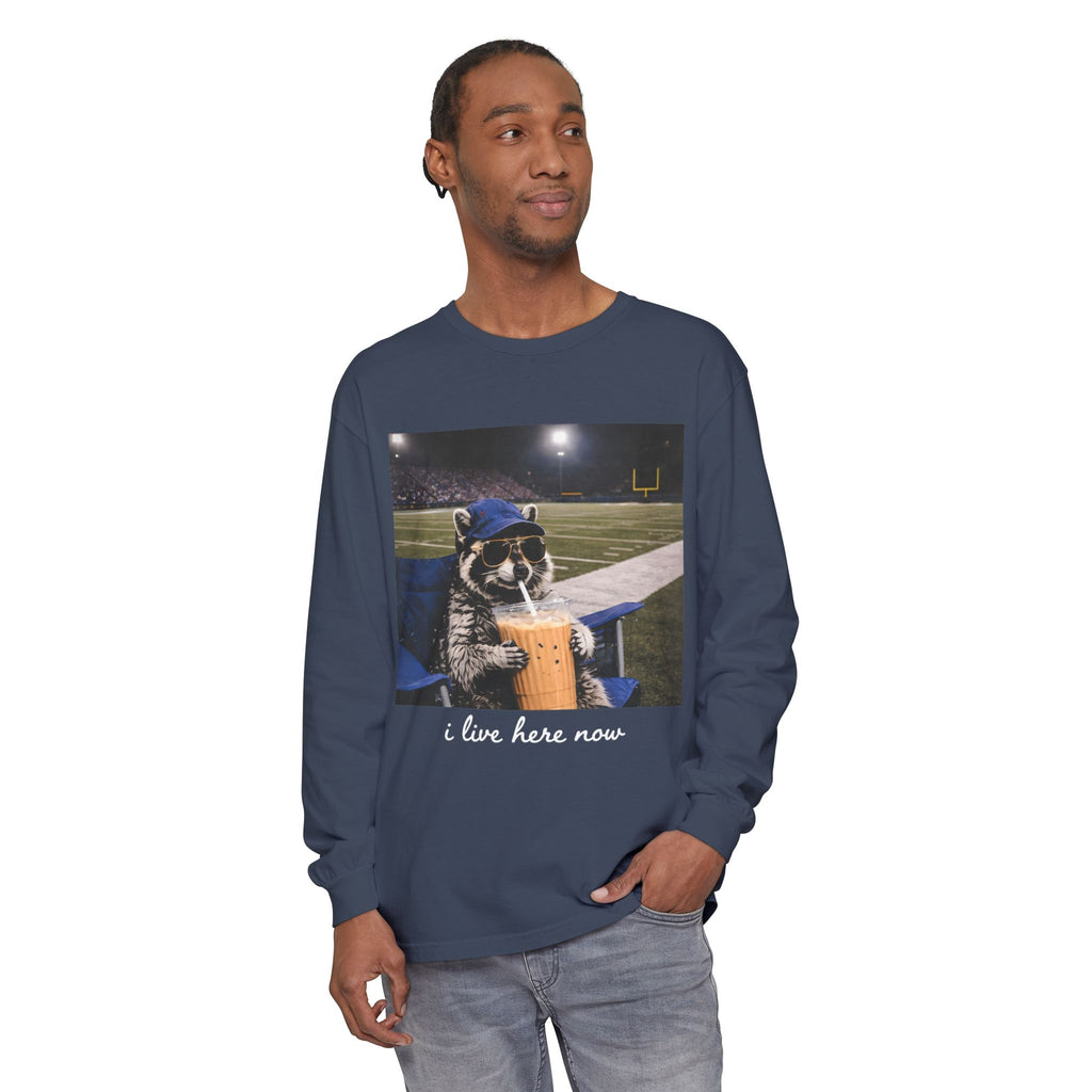 Raccoon Stadium Long Sleeve Tee — "I Live Here Now" Graphic