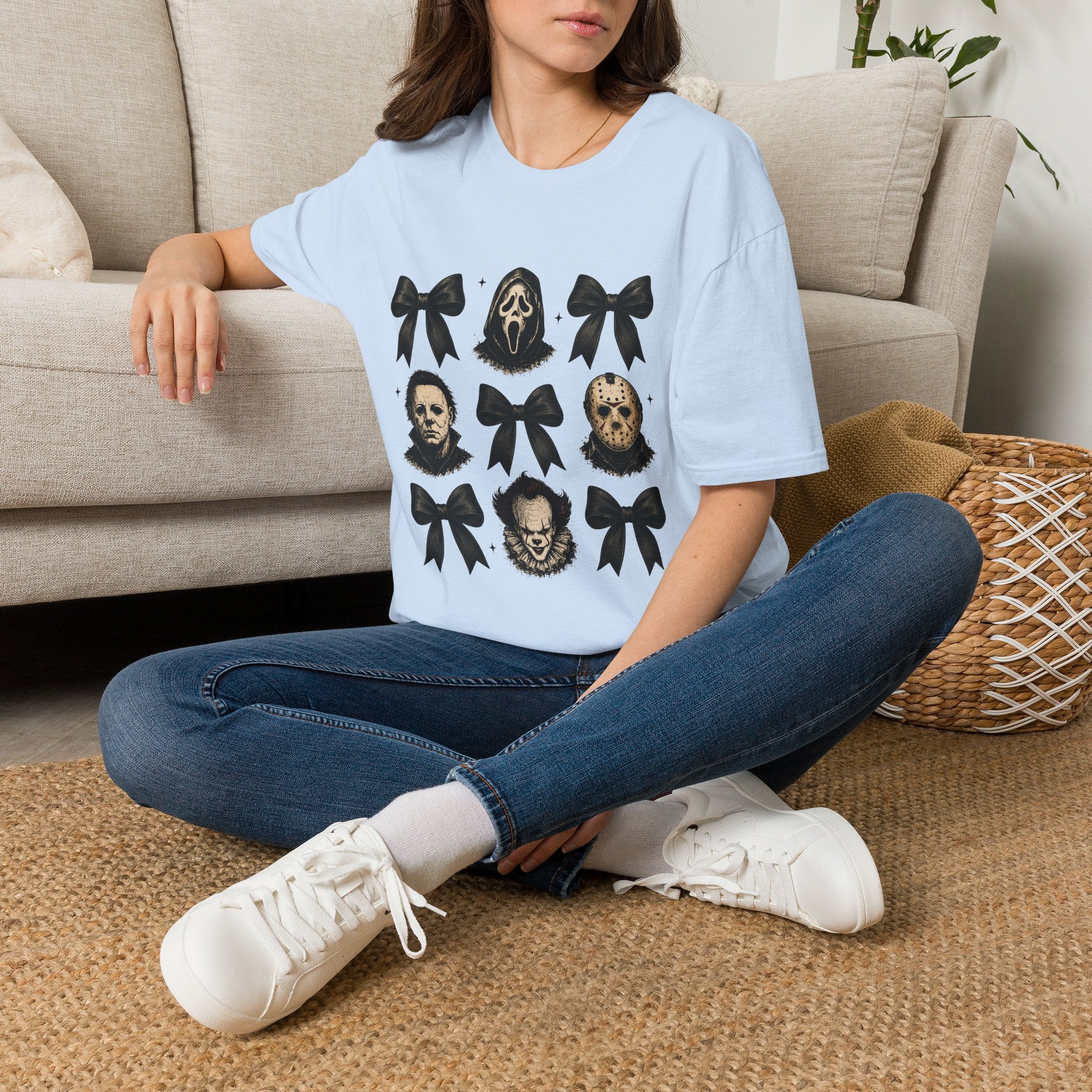 Horror Icons & Bows Graphic T-Shirt — Scream, Michael Myers & Jason Novelty Tee